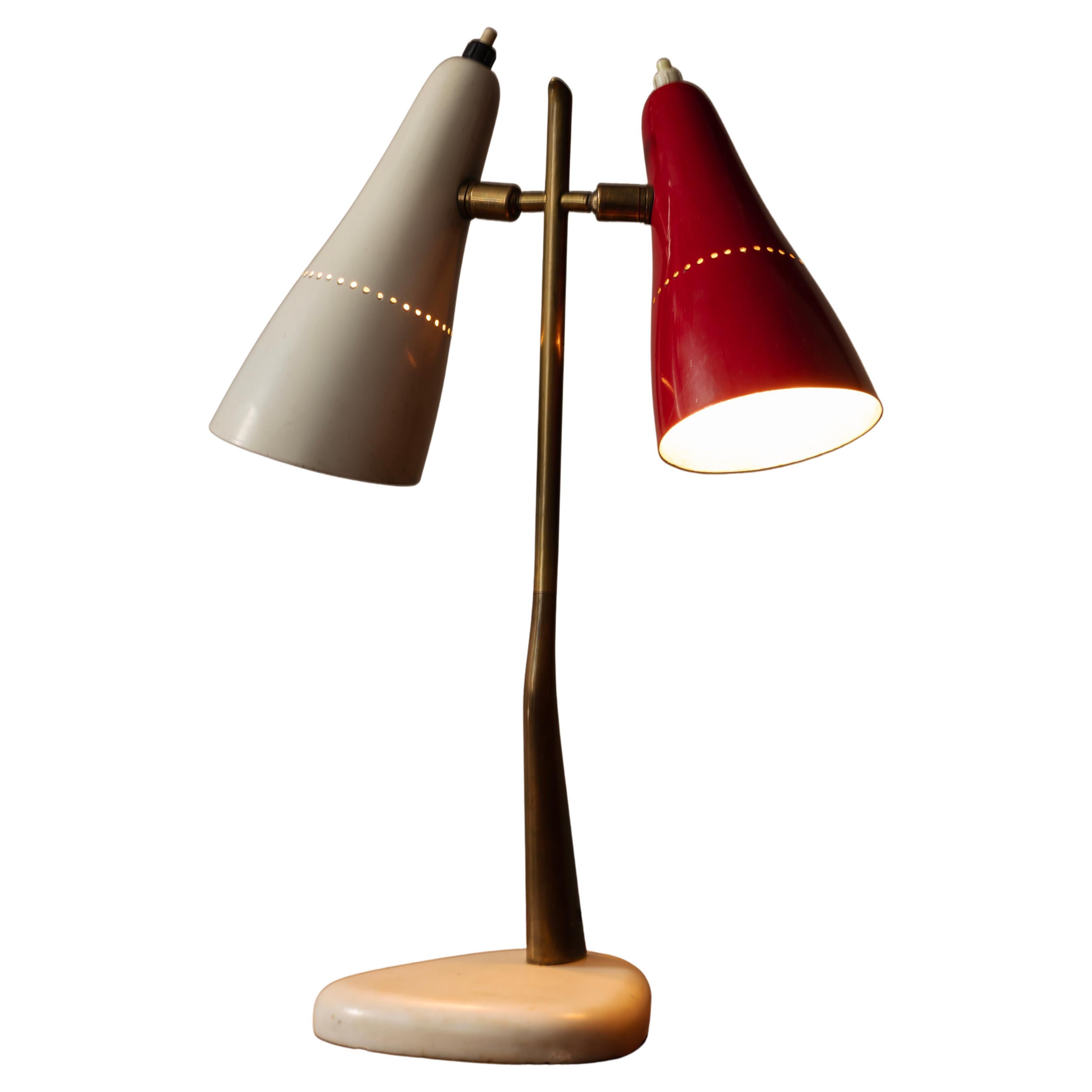 Oscar Torlasco double headed desk lamp in red and cream enamel. Italian, c1950s