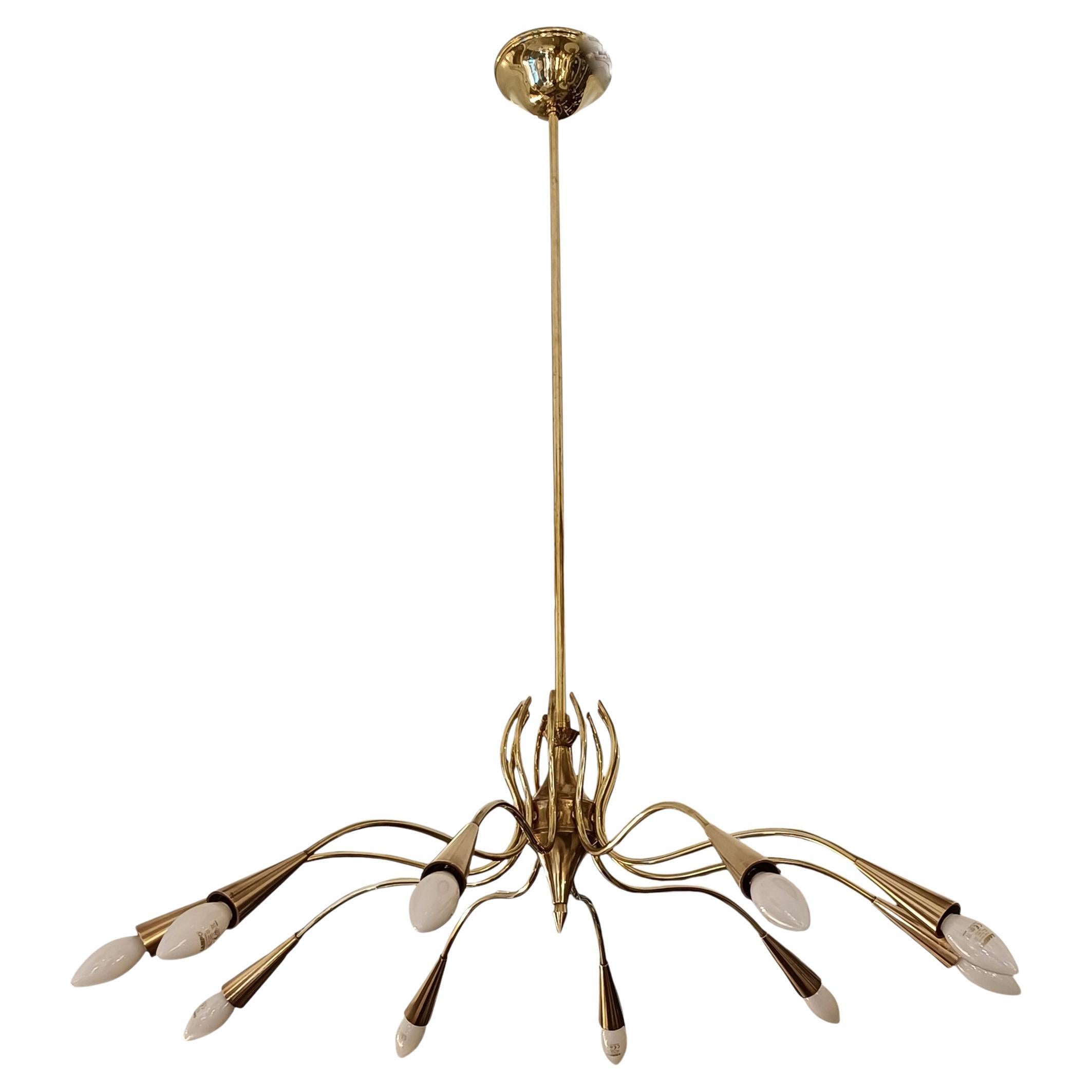 Oscar Torlasco Grande Lampadario in Ottone a 10 Luci, Italia 1950s