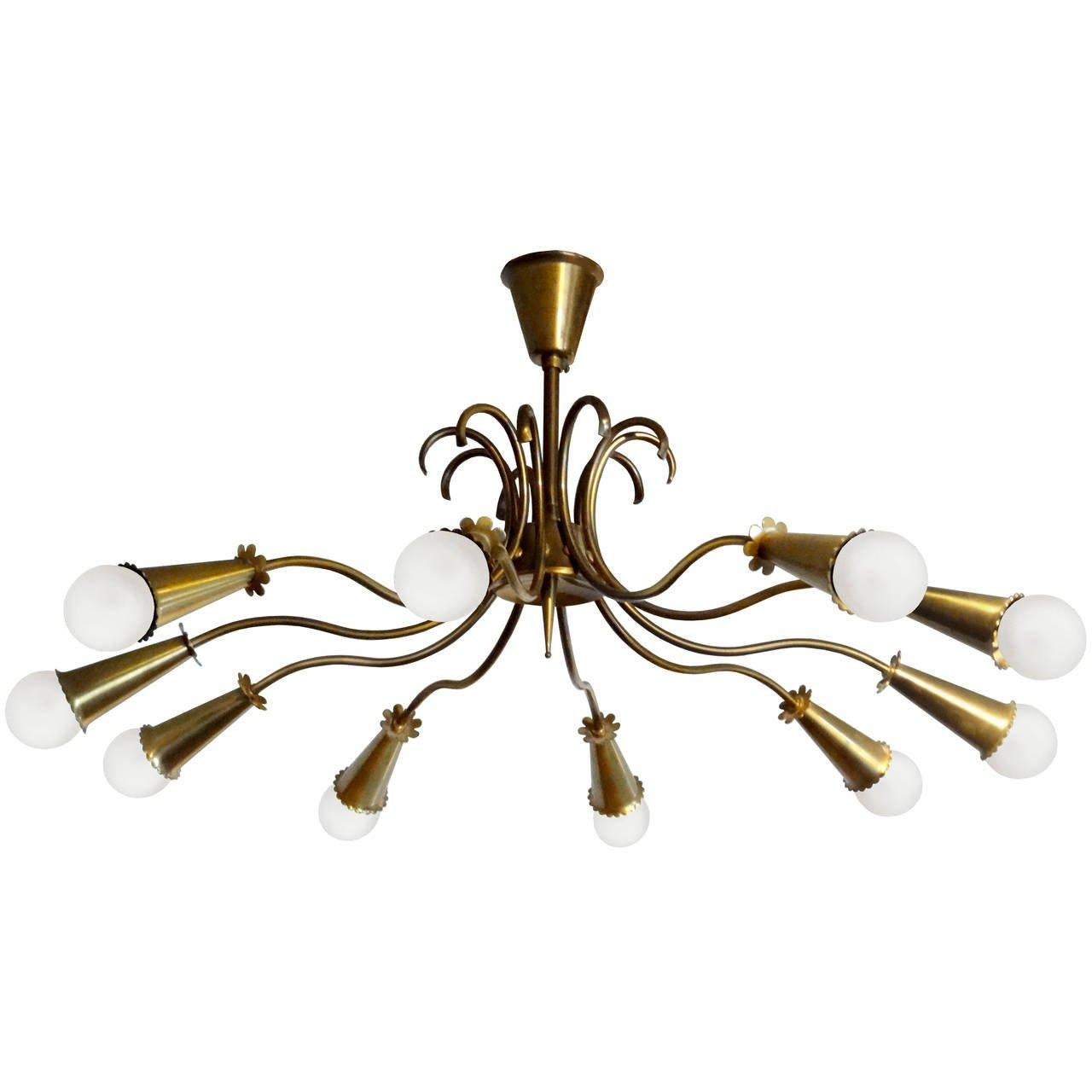 Oscar Torlasco Large Brass Ceiling Fixture Chandelier In Excellent Condition For Sale In New York, NY