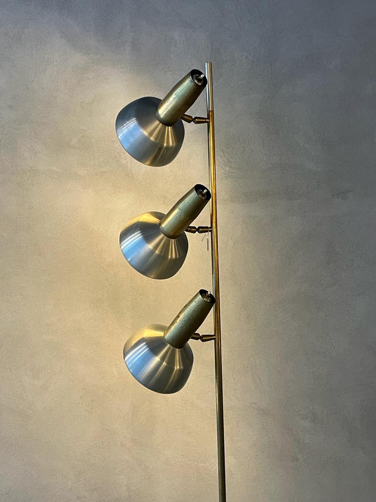 Oscar Torlasco Lumi Aluminum Brass Floor Lamp Three Light Diffusers Italy 1960s 3