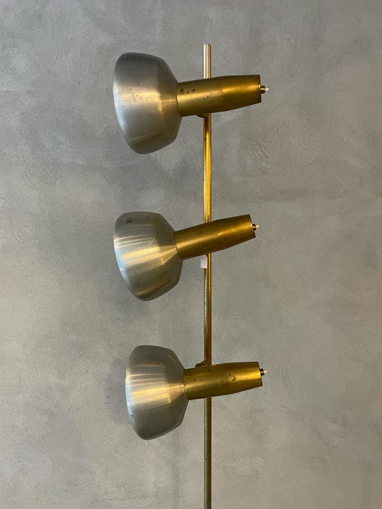 Oscar Torlasco Lumi Aluminum Brass Floor Lamp Three Light Diffusers Italy 1960s 5