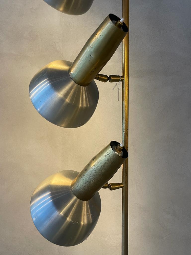 Mid-Century Modern Oscar Torlasco Lumi Aluminum Brass Floor Lamp Three Light Diffusers Italy 1960s