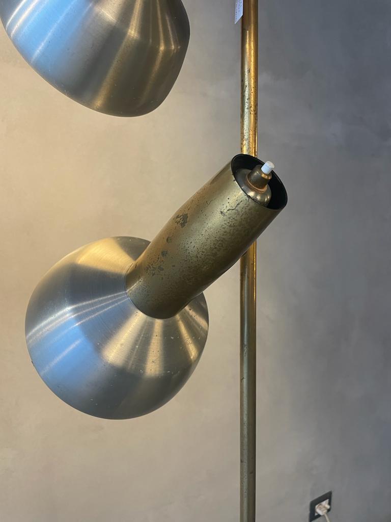 Italian Oscar Torlasco Lumi Aluminum Brass Floor Lamp Three Light Diffusers Italy 1960s