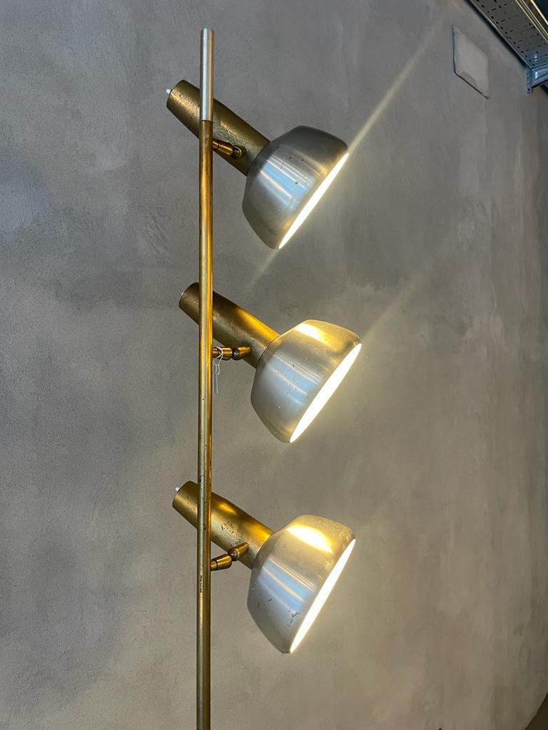 Mid-20th Century Oscar Torlasco Lumi Aluminum Brass Floor Lamp Three Light Diffusers Italy 1960s