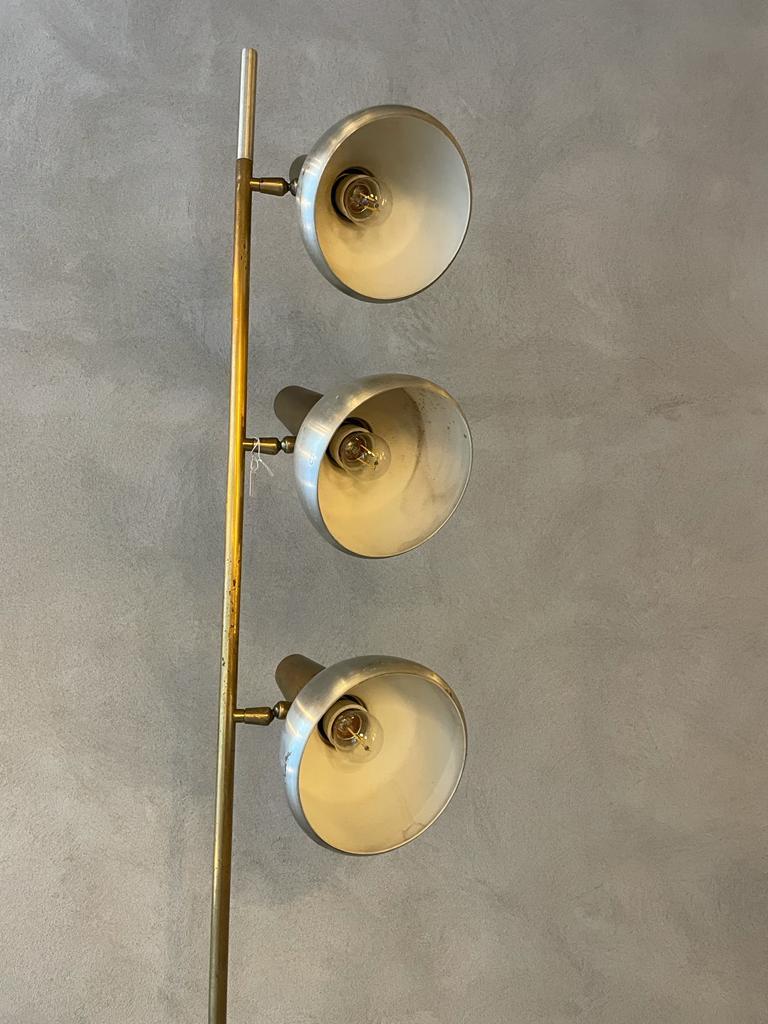 Oscar Torlasco Lumi Aluminum Brass Floor Lamp Three Light Diffusers Italy 1960s 1