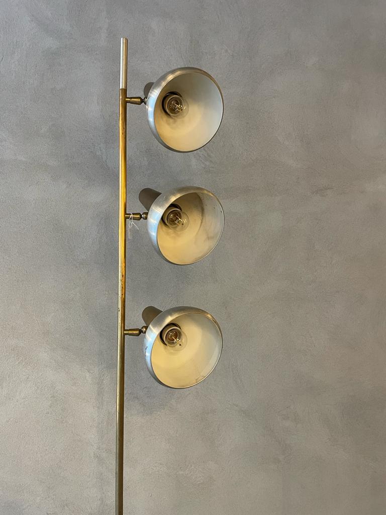 Oscar Torlasco Lumi Aluminum Brass Floor Lamp Three Light Diffusers Italy 1960s 2