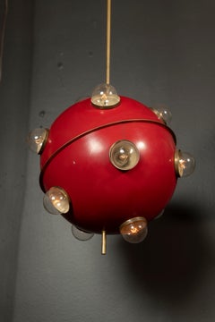 Oscar Torlasco, Model 553 Red Lacquered Metal and Polished Brass Pendant