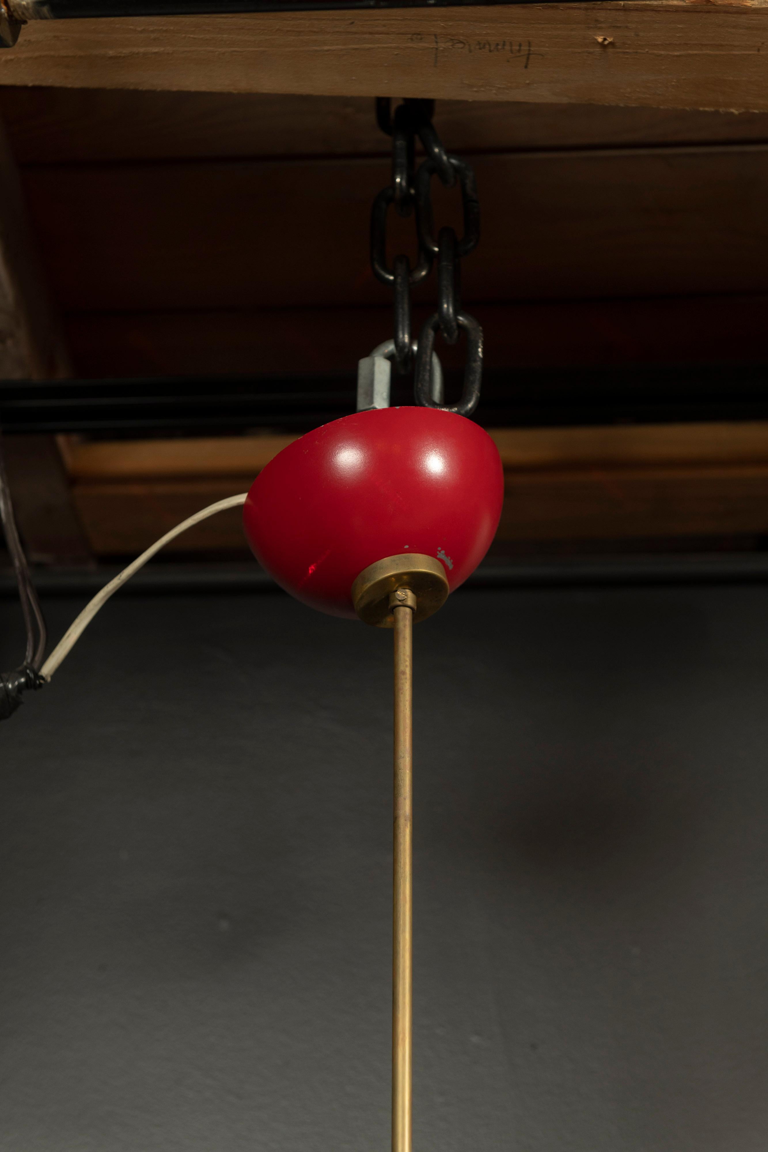 Italian Oscar Torlasco, Model 553 Red Lacquered Metal and Polished Brass Pendant For Sale