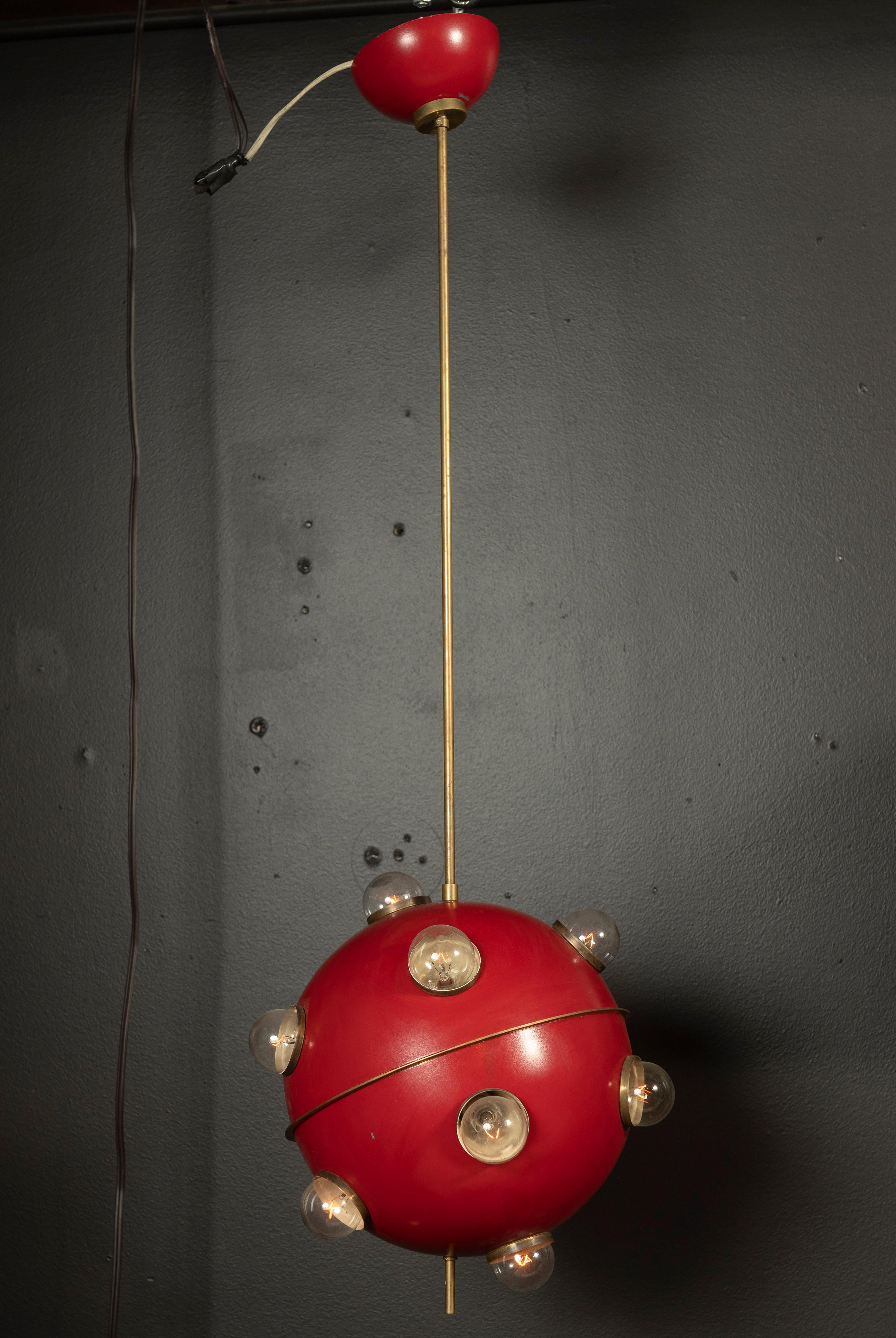 20th Century Oscar Torlasco, Model 553 Red Lacquered Metal and Polished Brass Pendant For Sale