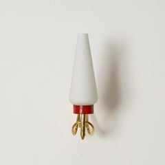 Oscar Torlasco Pair of Sconces in Brass, Opal Glass, Red Metal, Italy, 1950s