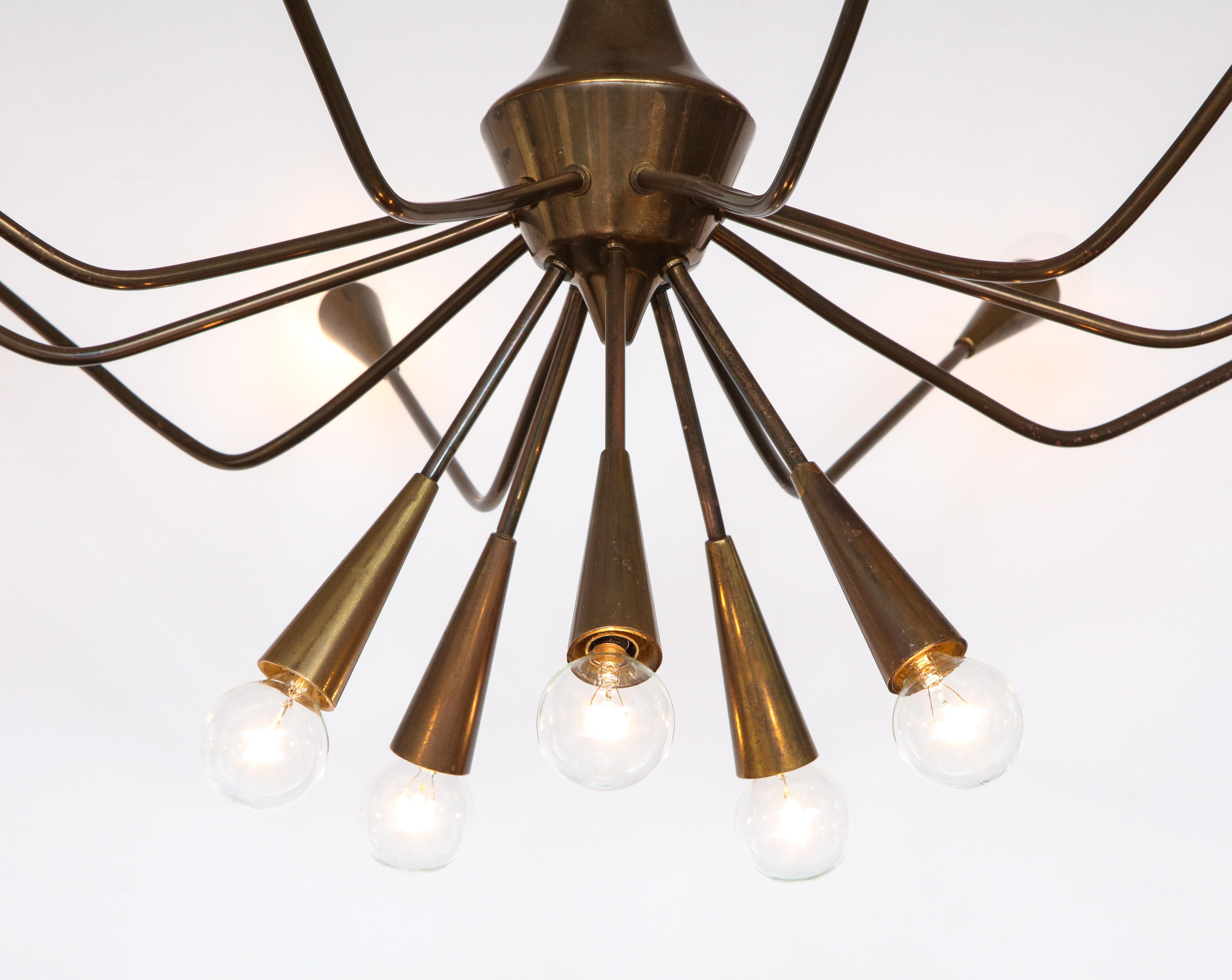 Italian Oscar Torlasco Patinated Brass Modernist Chandelier For Sale