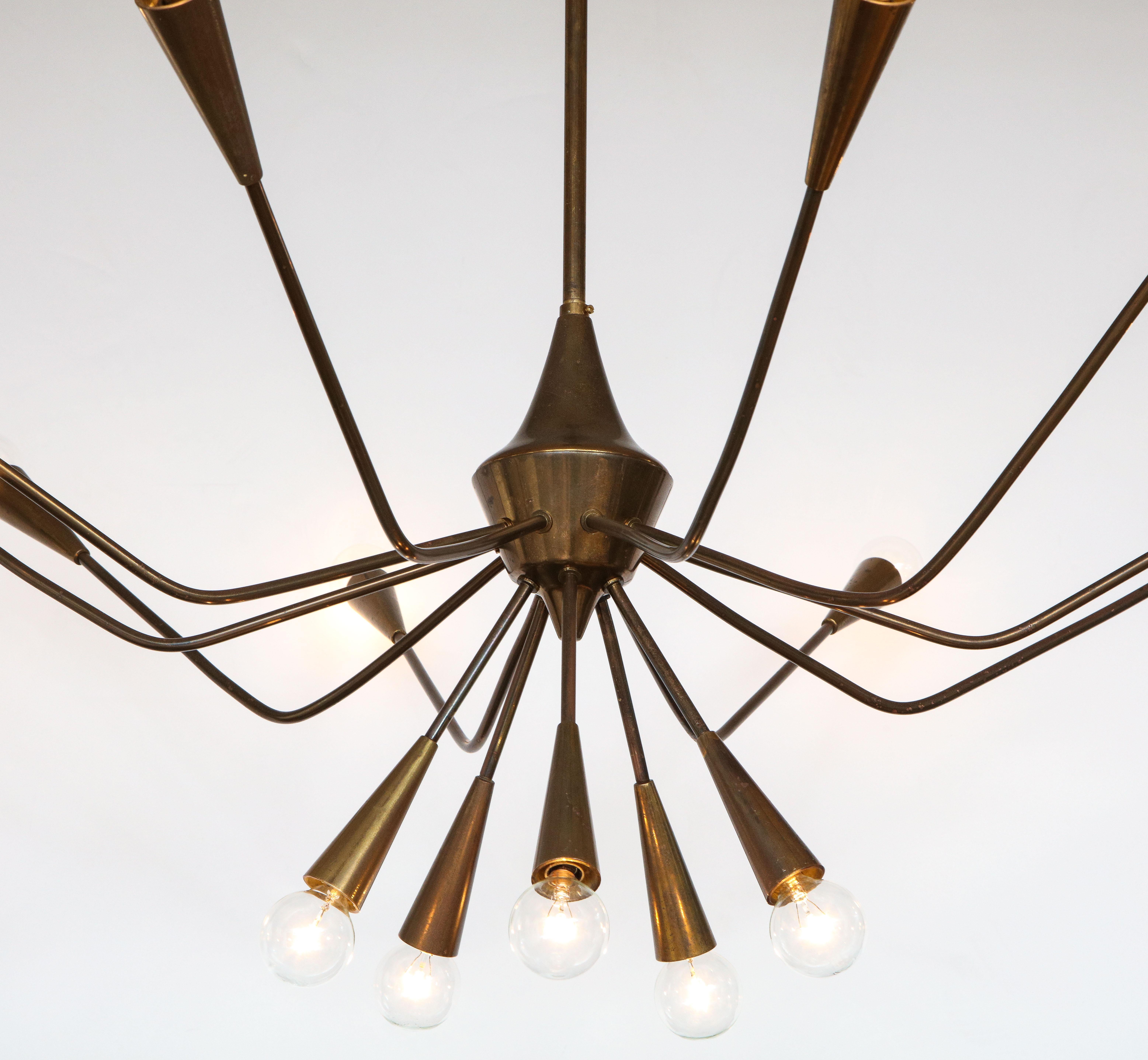 Oscar Torlasco Patinated Brass Modernist Chandelier In Good Condition For Sale In New York, NY