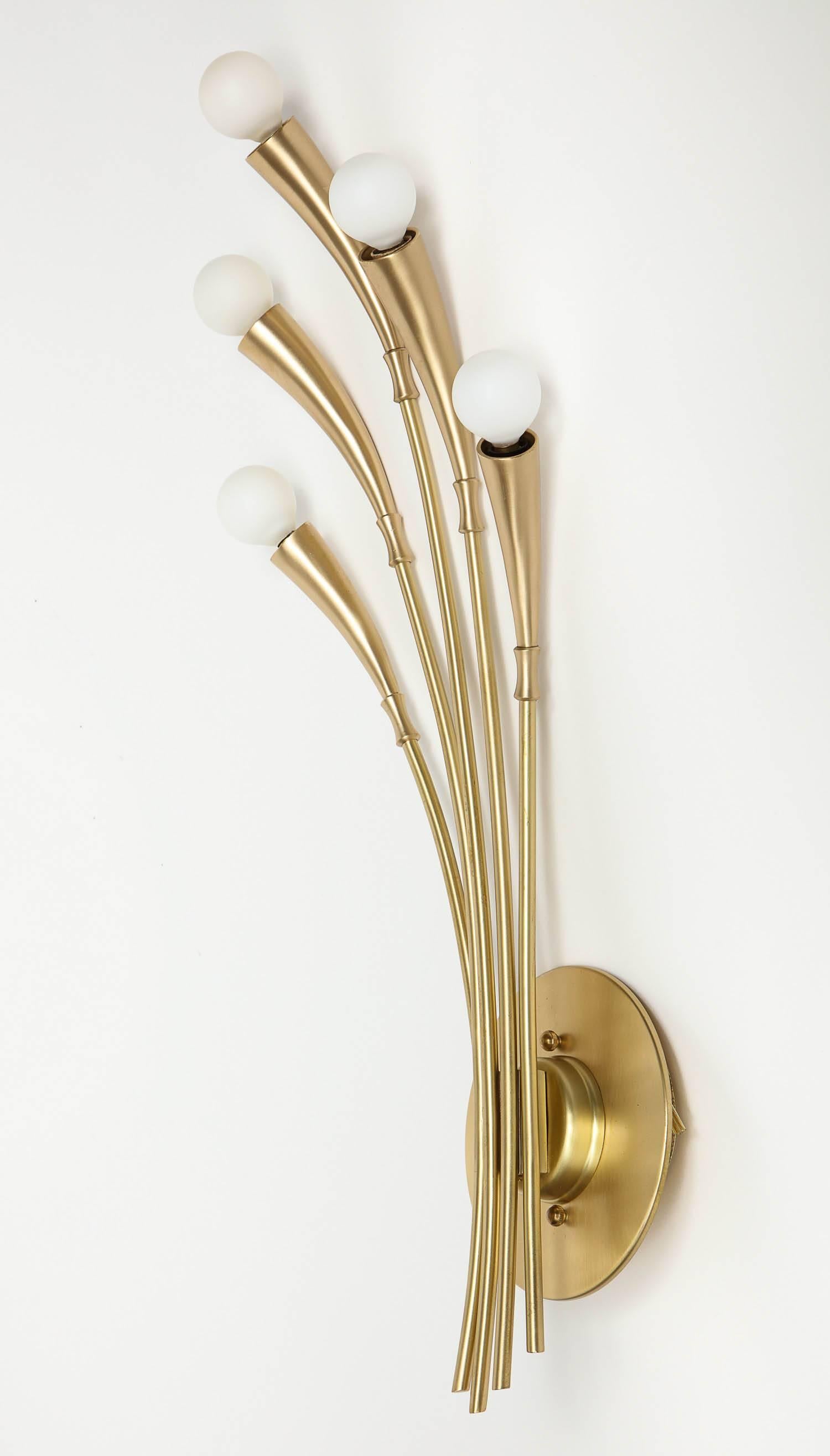 Oscar Torlasco Brushed Brass 5 Arm Sconces In Excellent Condition In New York, NY