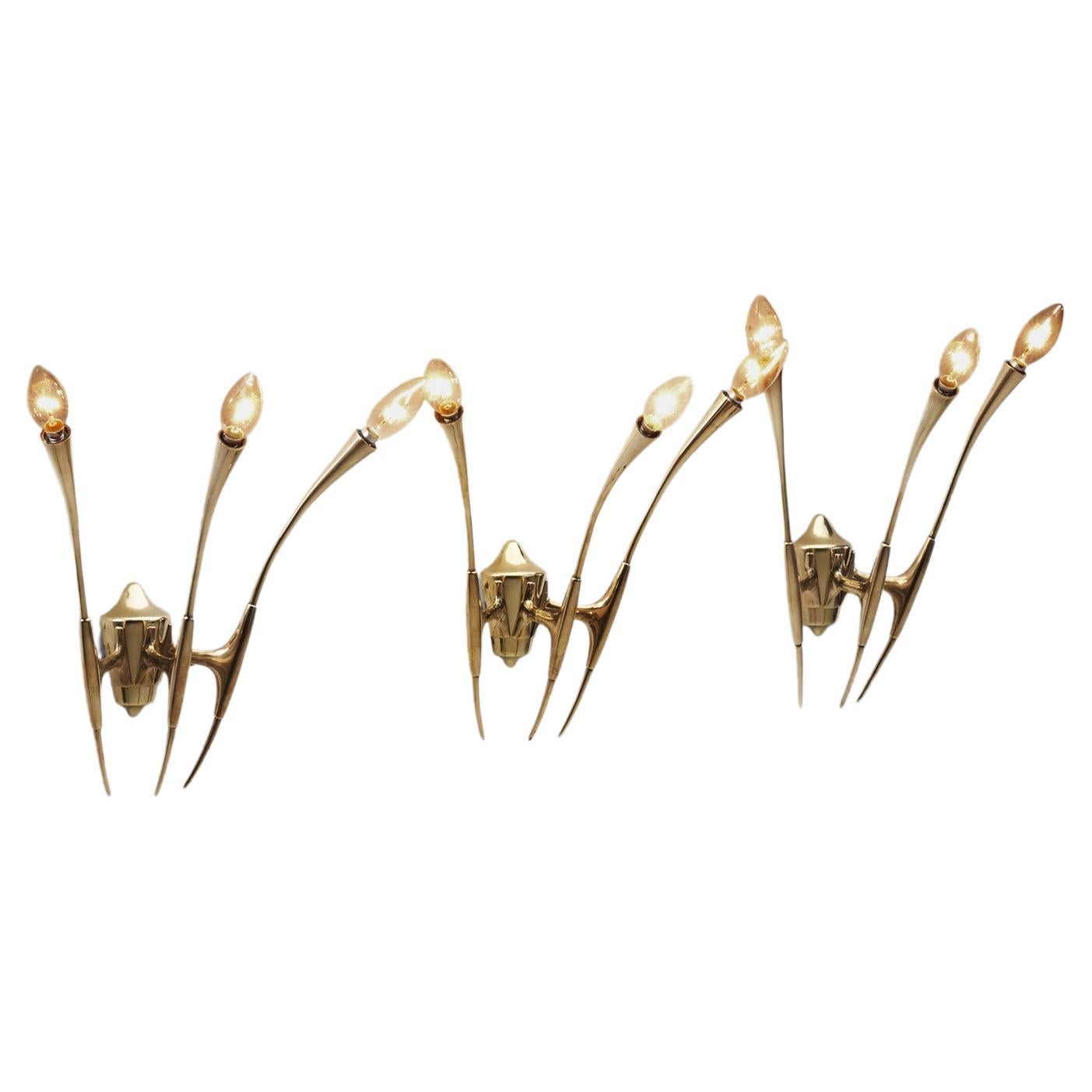 Oscar Torlasco Sculptural Brass Wall Lights for Lumi, Italy, 1950s For Sale