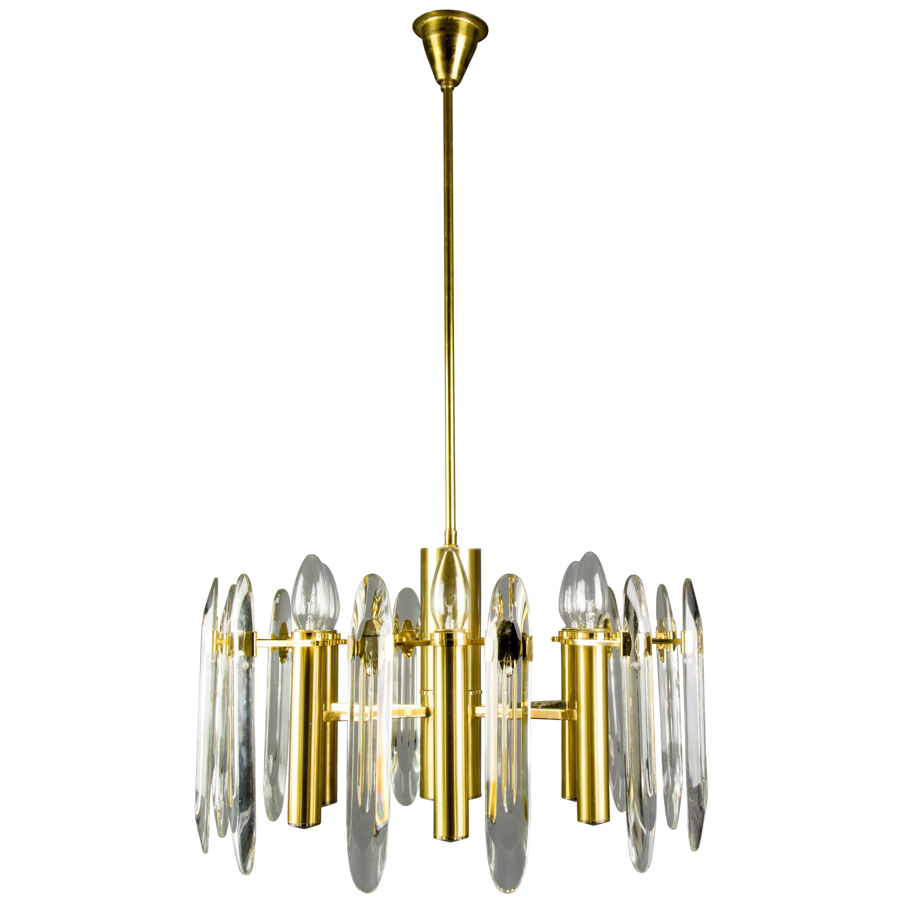 Oscar Torlasco Six-Light Brass and Glass Chandelier for Stilkronen, 1960s