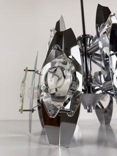 Oscar Torlasco Space Age Chrome Chandelier / crystal glass optic lens / 70s