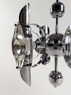 Oscar Torlasco Space Age Chrome Chandelier / crystal glass optic lens / 70s