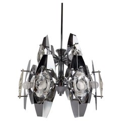 Oscar Torlasco Space Age Chrome Chandelier / crystal glass optic lens / 70s