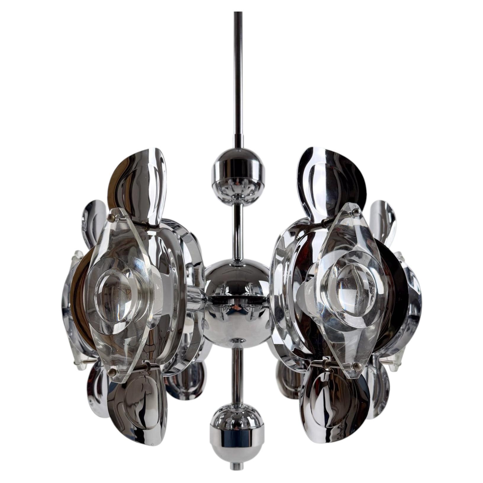 Oscar Torlasco Space Age Chrome Chandelier / crystal glass optic lens / 70s