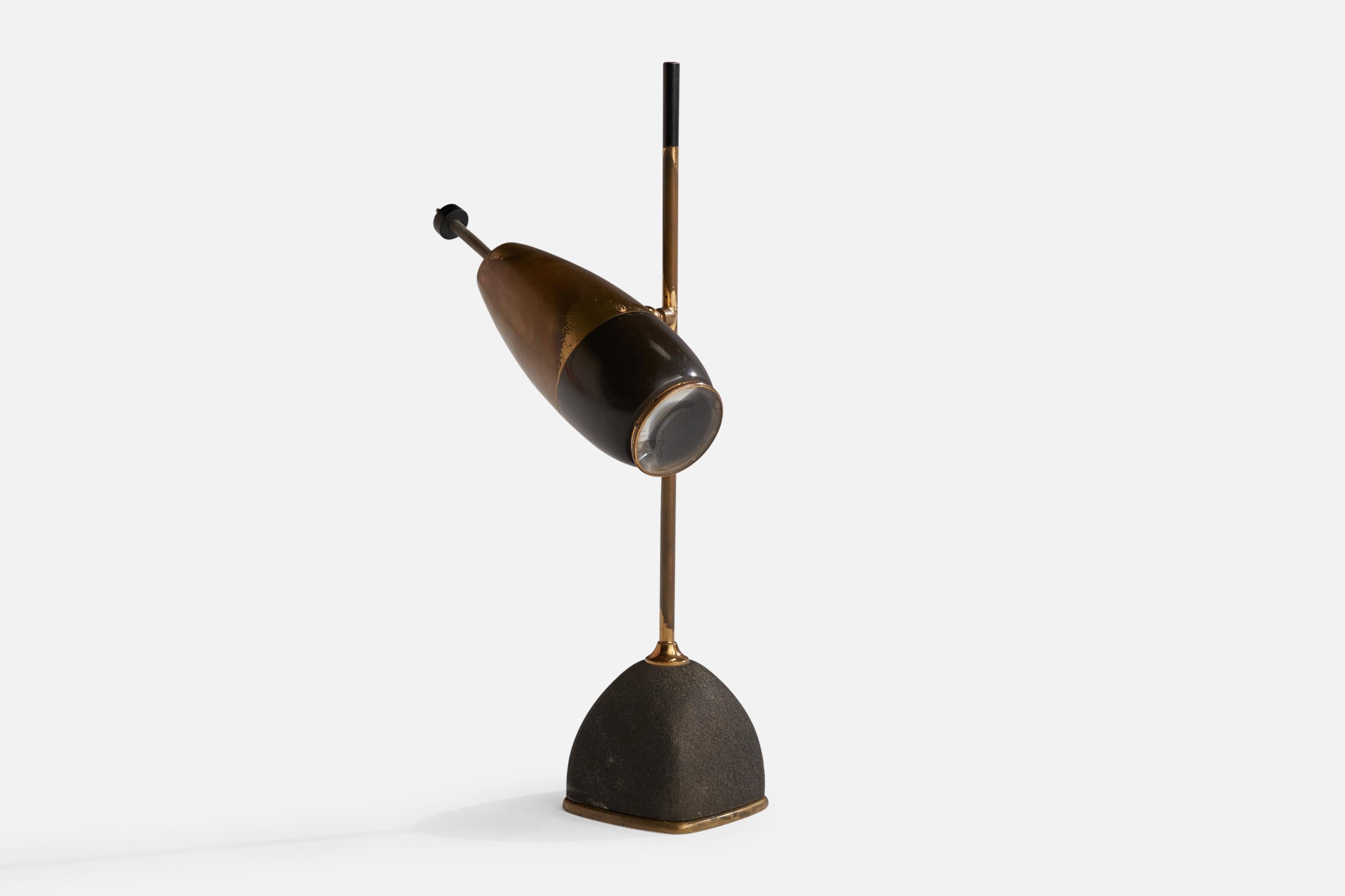 An adjustable brass and black-lacquered metal table lamp designed by Oscar Torlasco and produced by Lumi, Milano, Italy, 1950s.

Overall Dimensions (inches): 14.5”  H x 3.5”  W x 3” D
Stated dimensions include shade.
Bulb Specifications: E-10