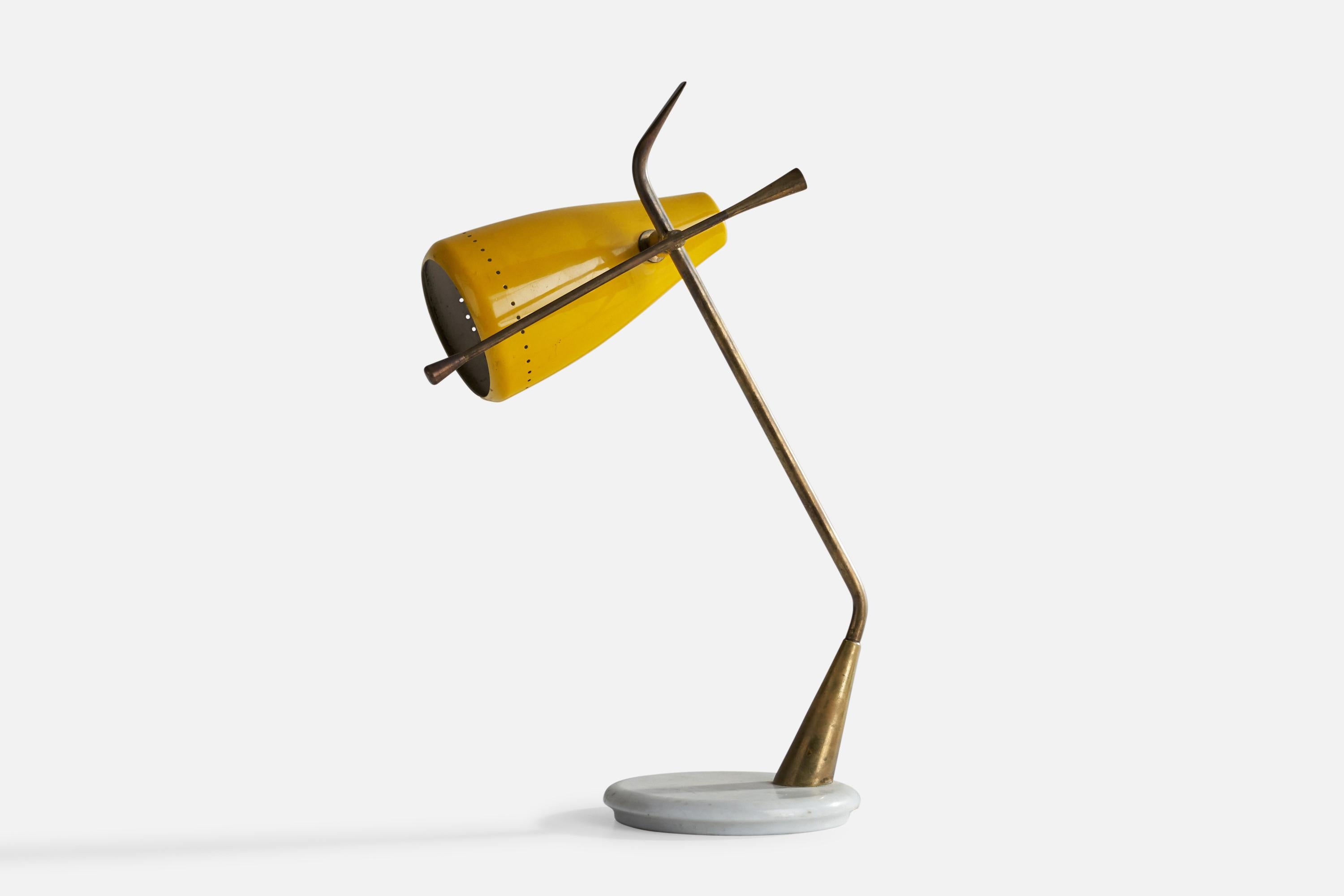 A brass, yellow-lacquered metal and marble table lamp designed by Oscar Torlasco and produced by Lumi Milano, Italy, 1950s.

Overall Dimensions (inches): 17.5”  H x 10.5”  W x 8.5” D
Stated dimensions include shade.
Bulb Specifications: E-26