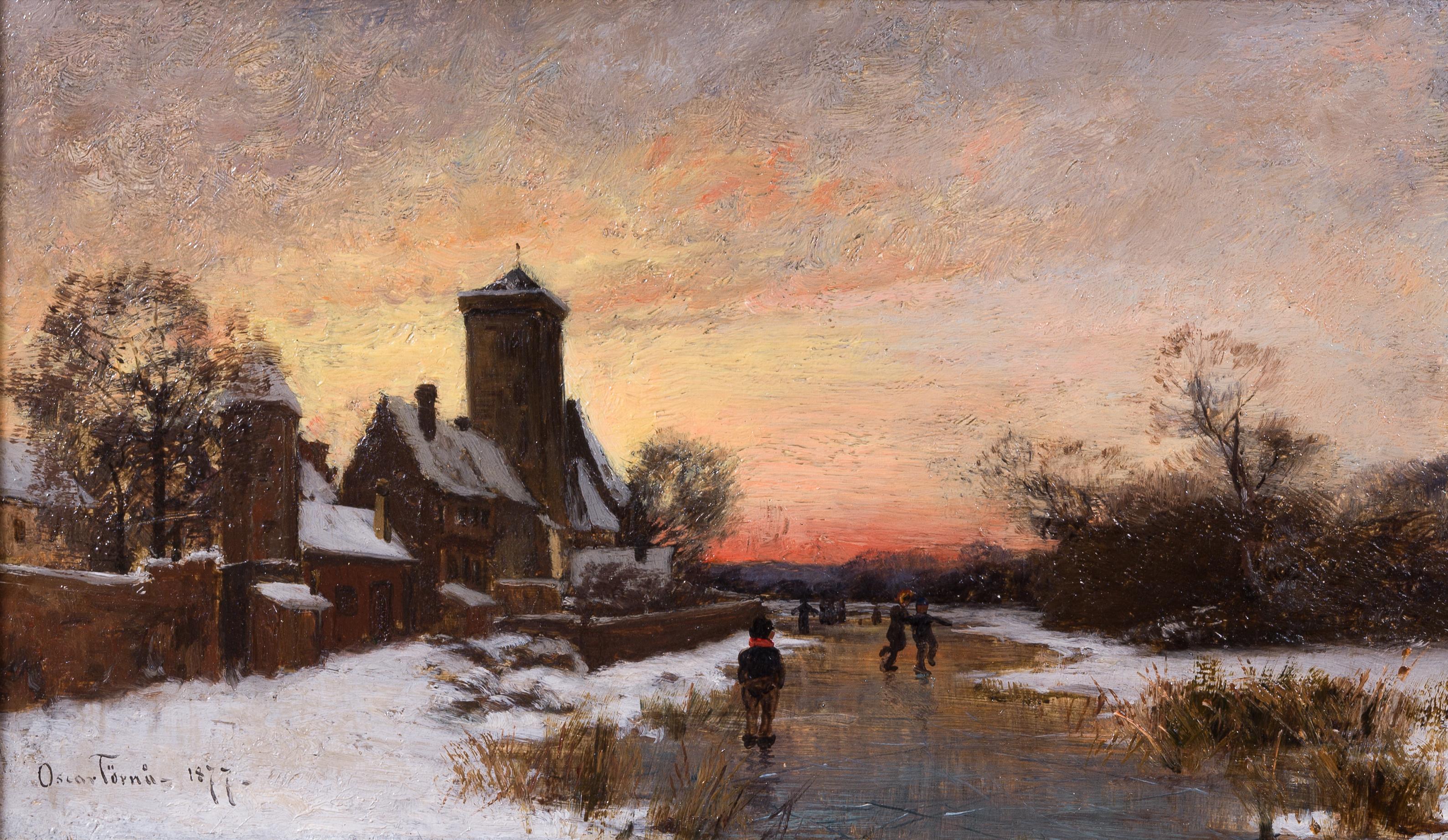 Skater bei Sonnenuntergang am Village Creek (Post-Impressionismus), Painting, von Oscar Törnå
