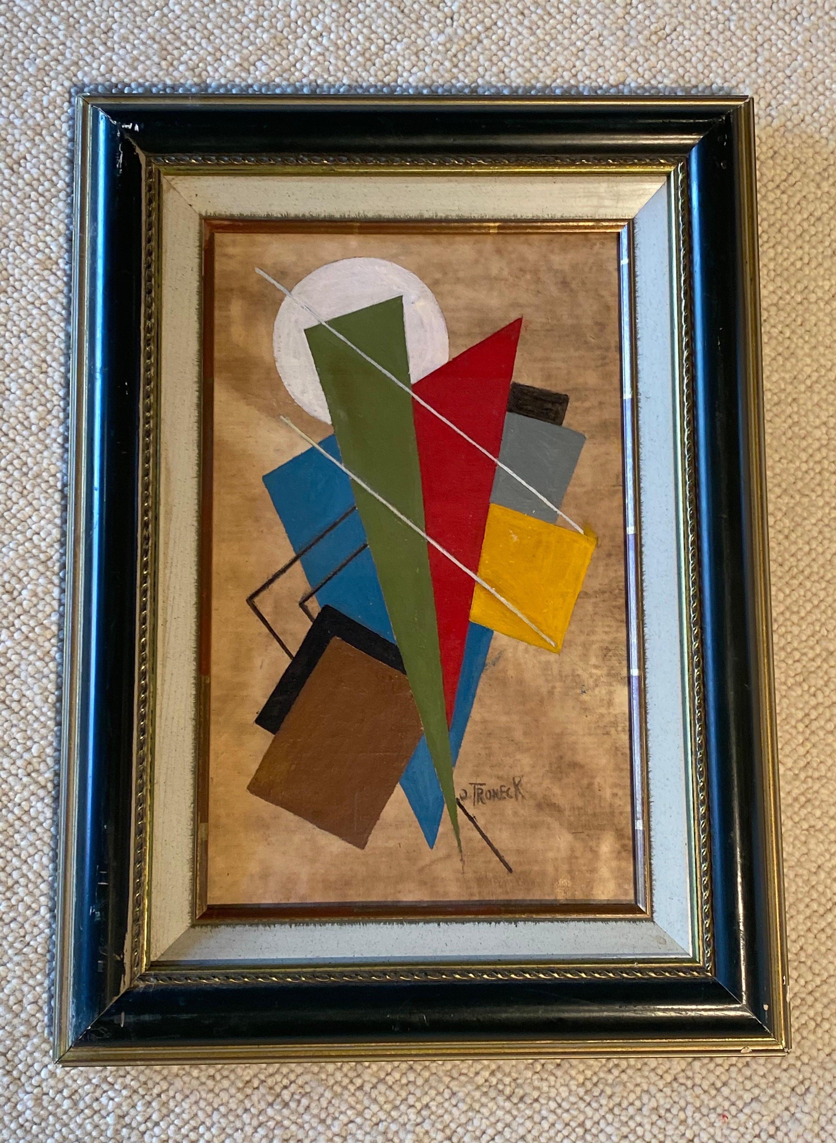 Oscar Troneck constructivism oil on canvas.
Origina  greenl wood frame and glass, circa 1960-1970
Good vintage condition.