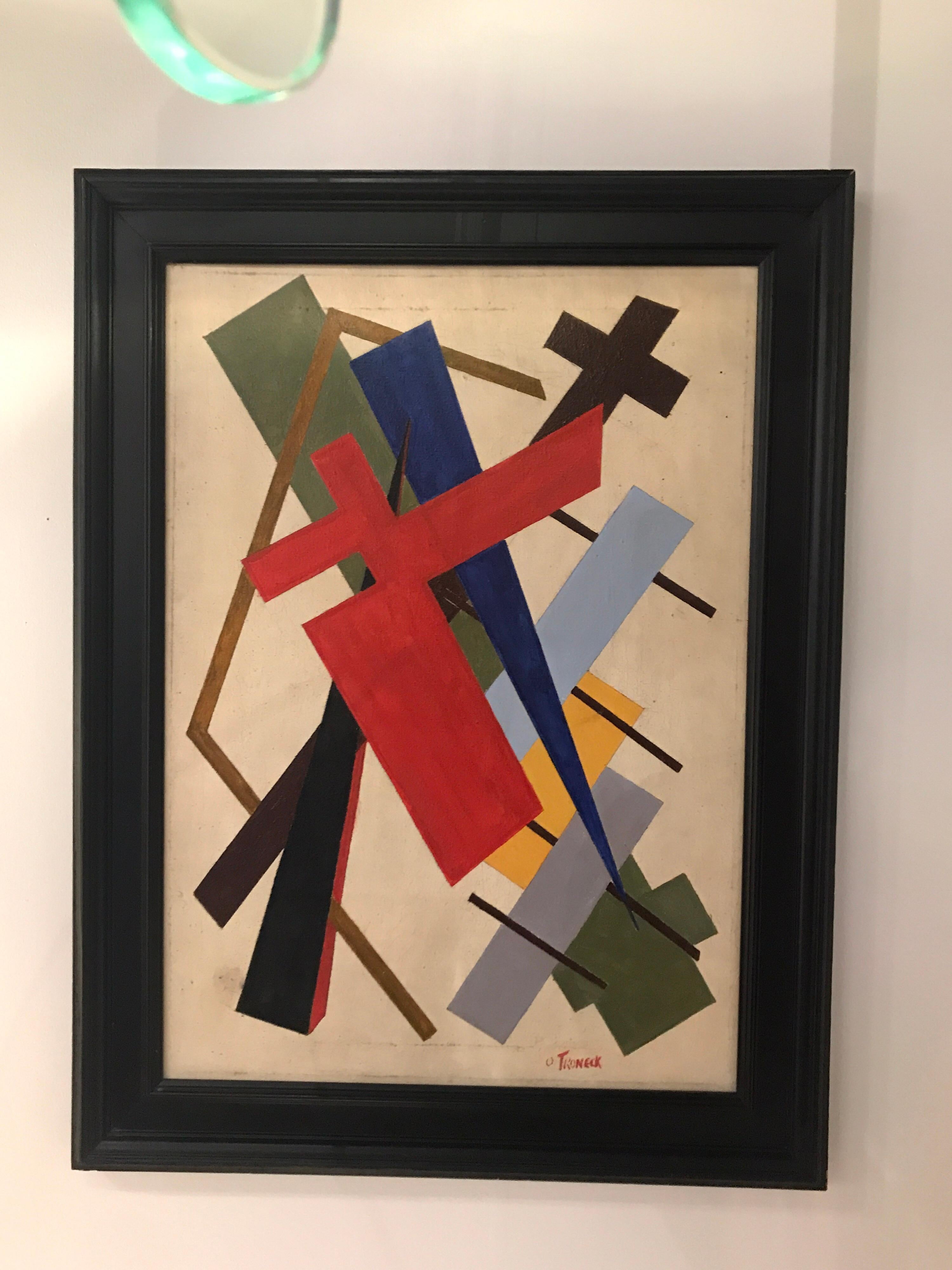 Oscar Troneck constructivism oil on canvas.
Original wood frame with black finished, circa 1960
Good vintage condition.