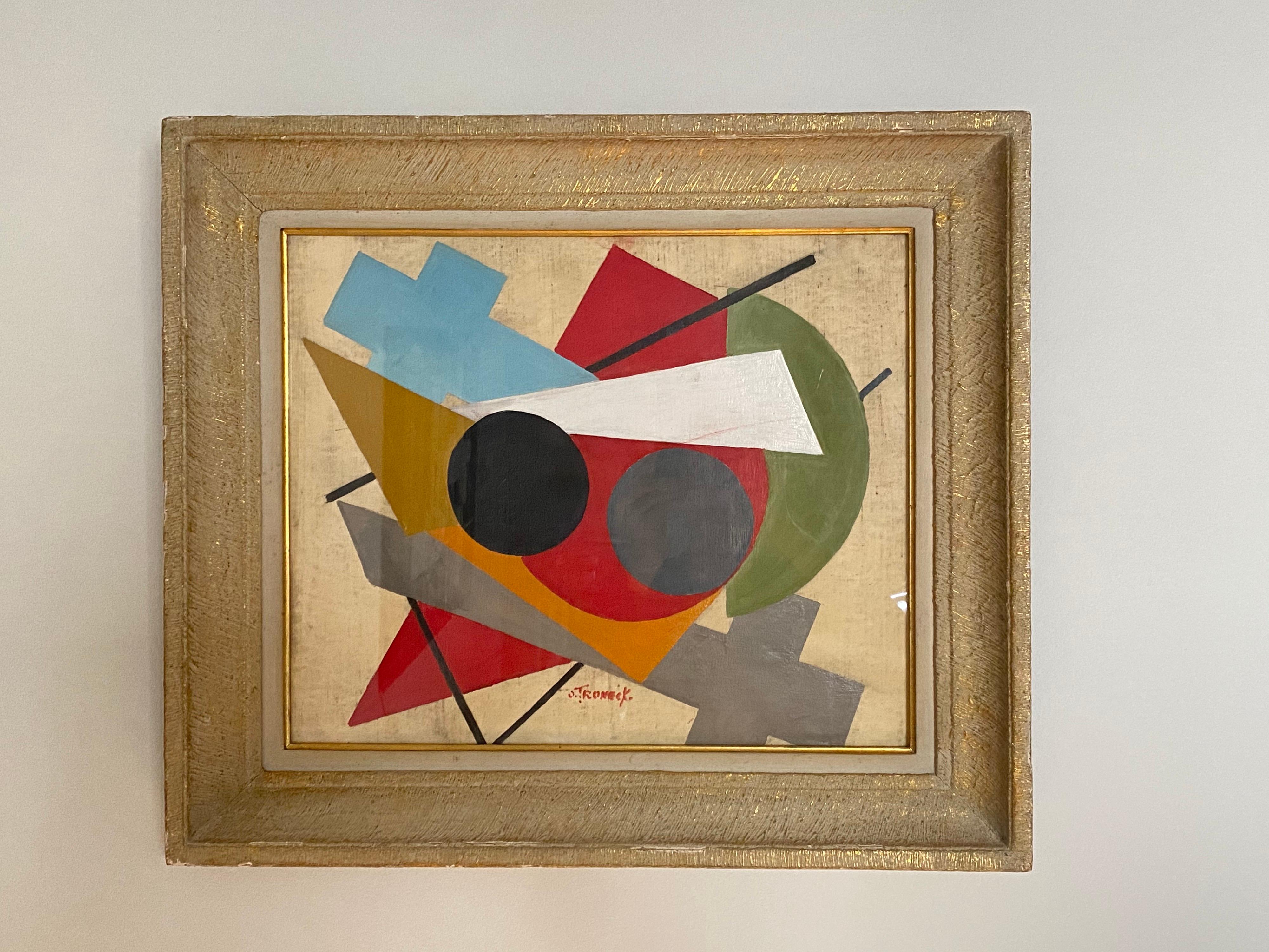 Oscar Troneck constructivism oil on canvas.
Original wood frame with glass, circa 1960-1970
Good vintage condition.