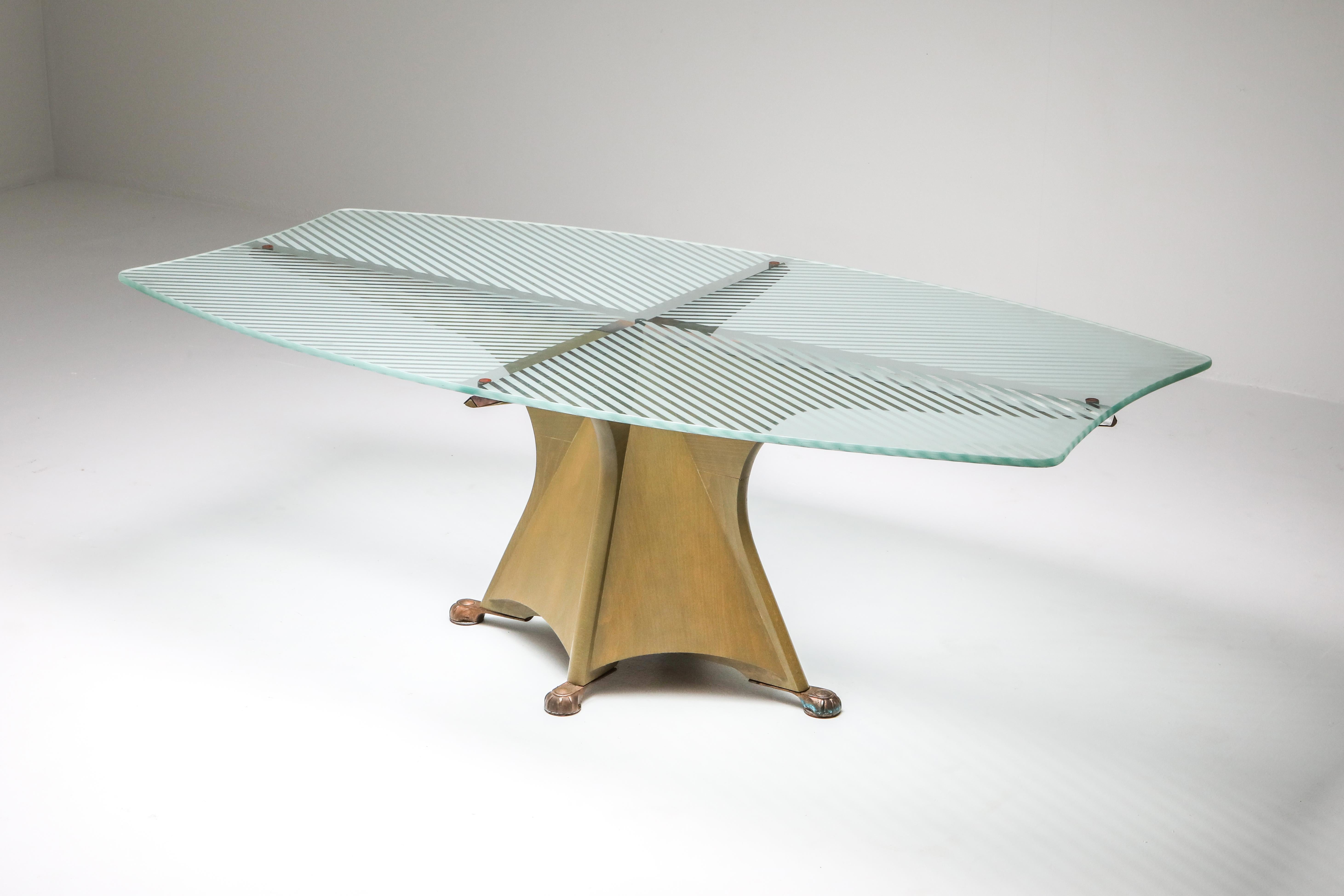Gaudi inspired dining table by Oscar Tusquets Blanca, Spain, 1985
Free flowing Catalan post-modernism.
Painted wooden base, etched glass top and bronze feet. Manufactured by Casas.
(This is the first edition of this model as it was later produced