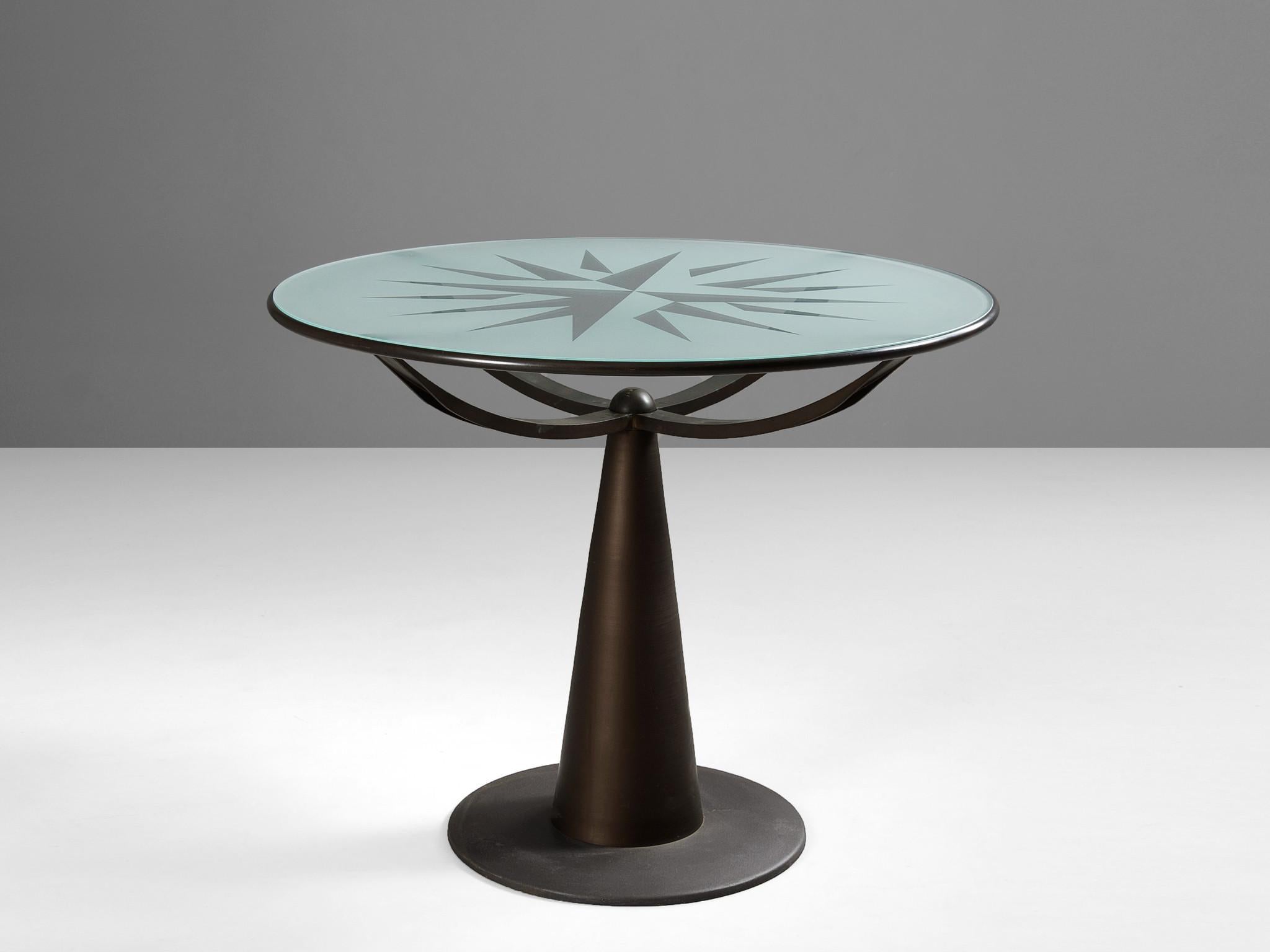 Oscar Tusquets for Driade, side table model ‘Astrolabio’, aluminum, brass, glass, Spain, 1988

Spanish designer Oscar Tusquets named his design ‘Astrolabio’, which is an orbicular astronomical instrument to measure and calculate. The frosted glass