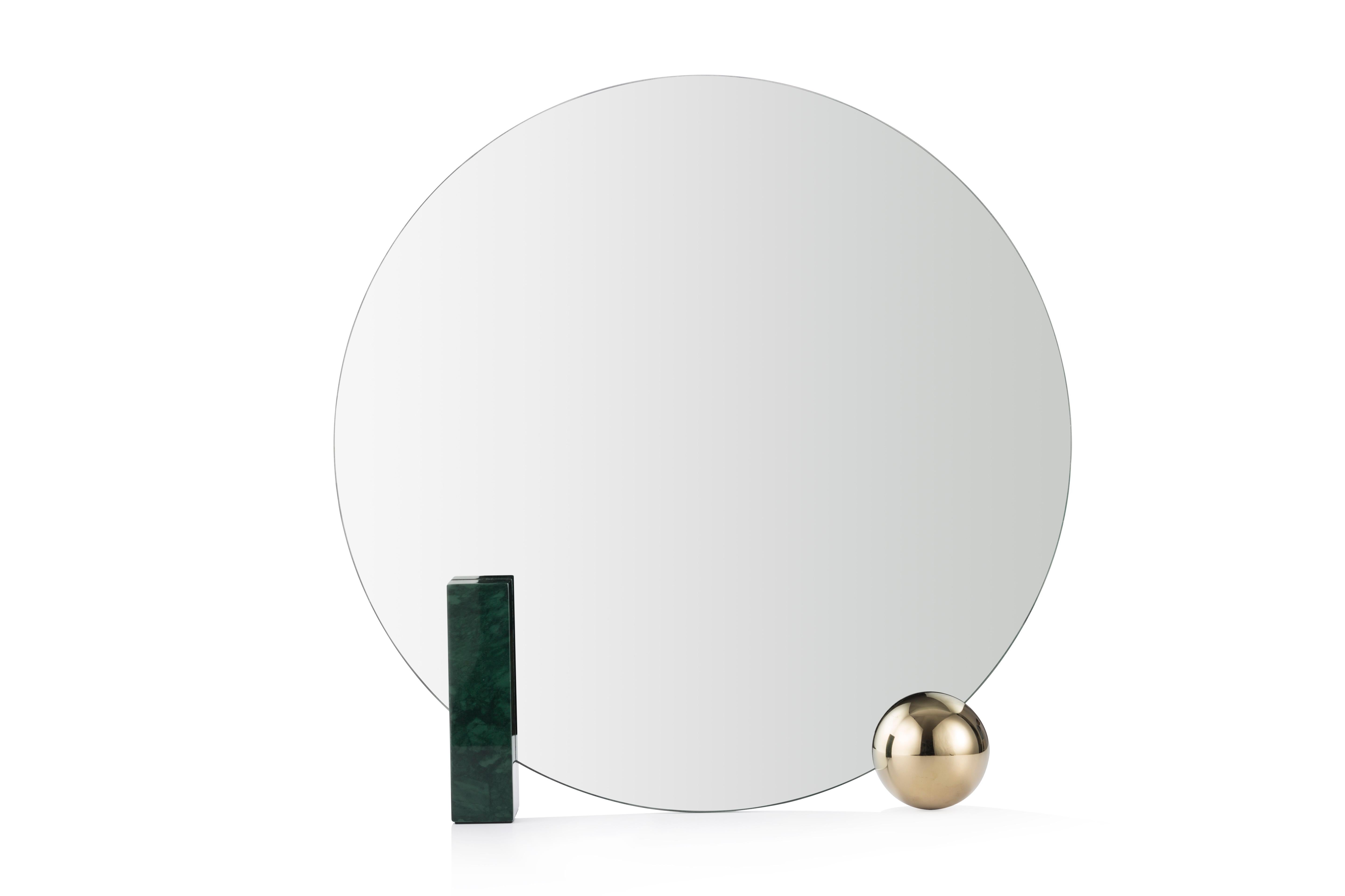 Design by WUU
Measures: Table mirror W 50, D 9, H 50 cm
Rectangular block in ash veneer painted metal or green marble
Round ball-plated metal coated with glossy gold finish
Back mirror in colored-stained ash veneer, celadon color
Clear