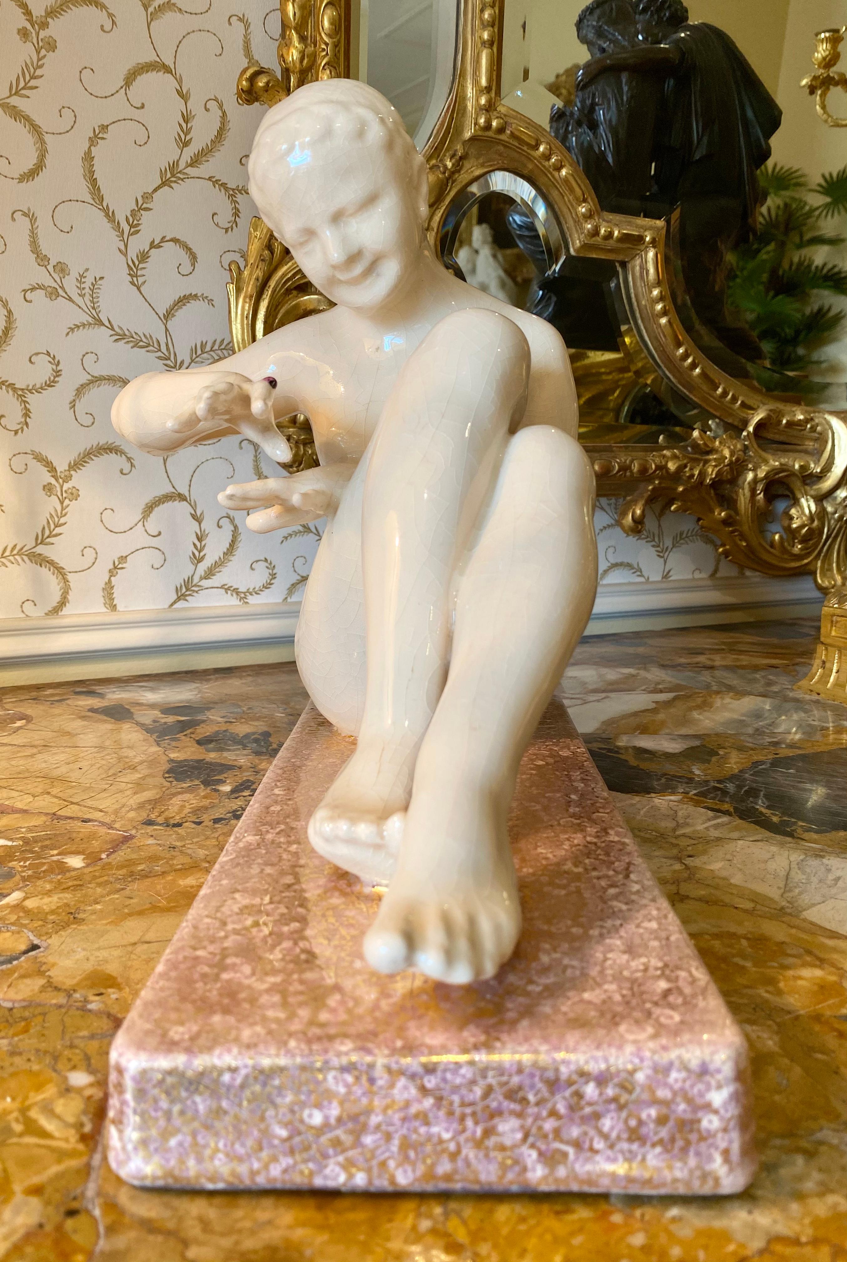 Hungarian Oscar Zadory, Art Deco Ceramic CH France, Young Woman and Ladybug 20th Century  For Sale