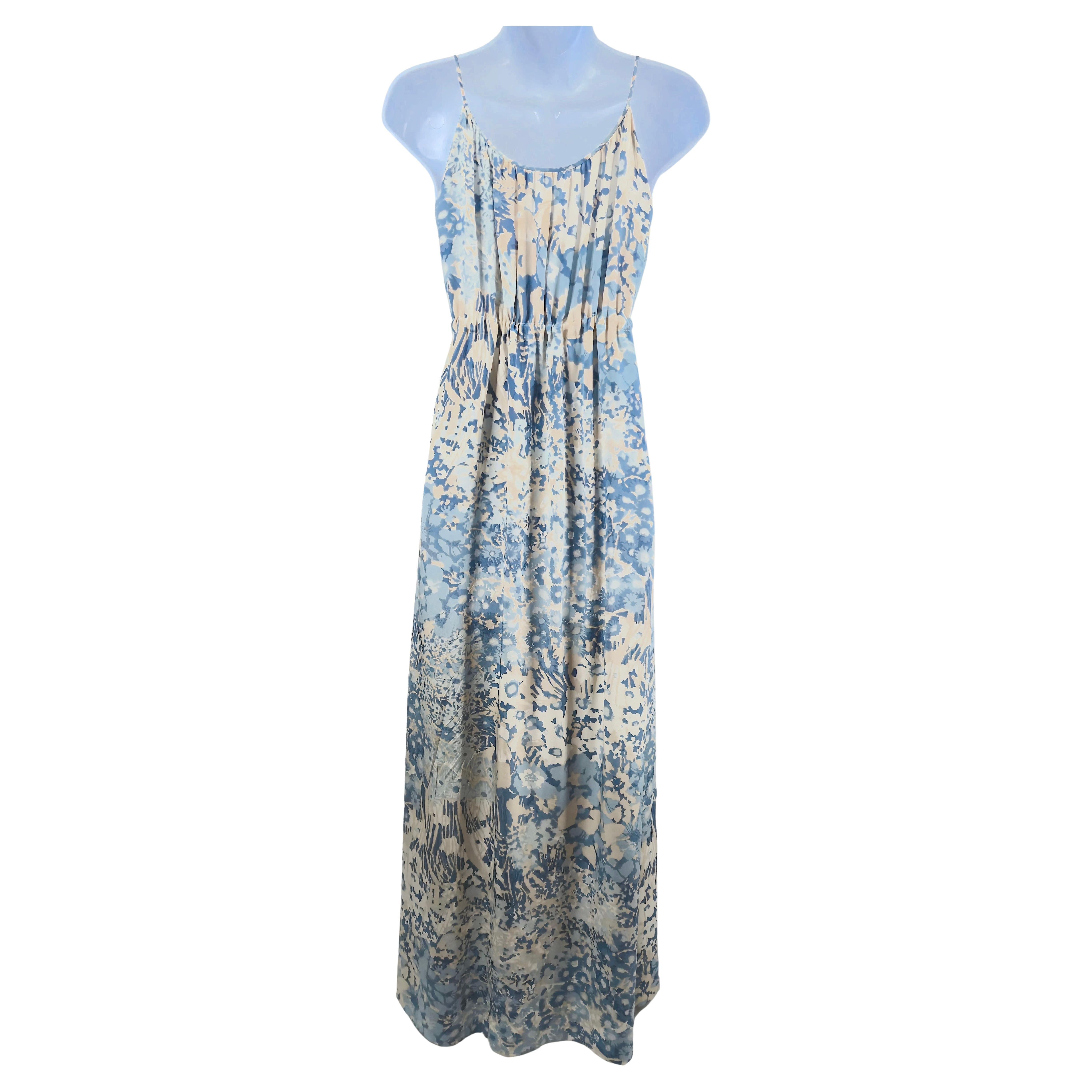 OscarDeLaRenta 1975 Handpainted Silk EmpireWaist RibbonTied Blue Gown Maxi-Dress In condizioni ottime in vendita a Chicago, IL