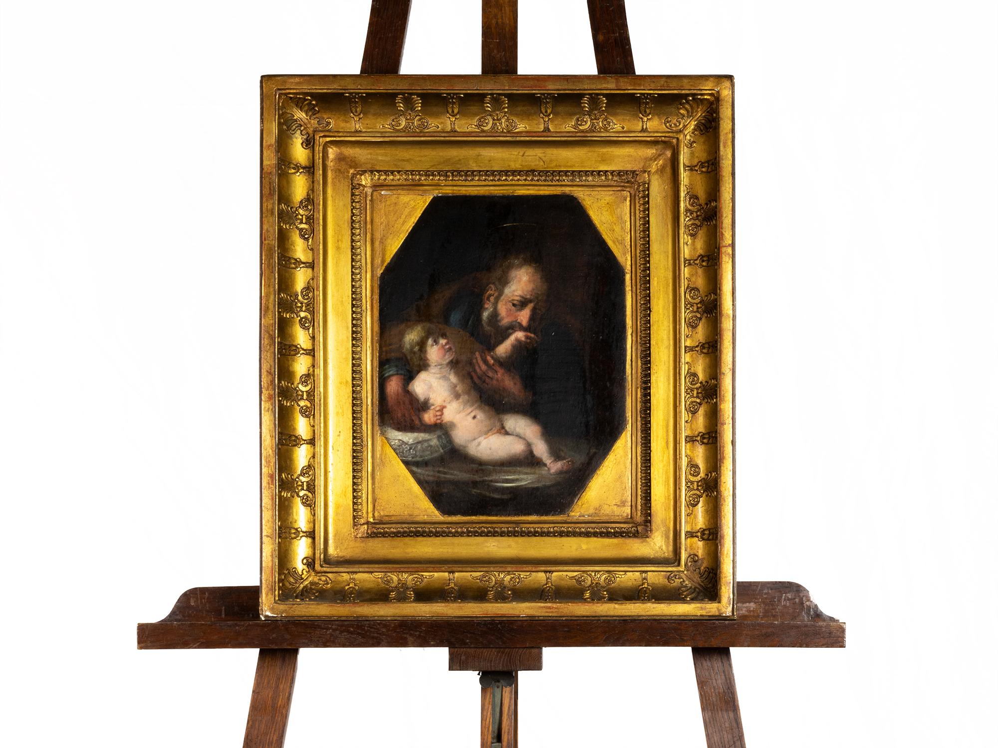 A 17th Century painting of Joseph with the Child Jesus on his lap, a rare Baroque motif of paternal love.

Oil on wood

Frame: 47x54 cm    
Without frame: 27x34 cm