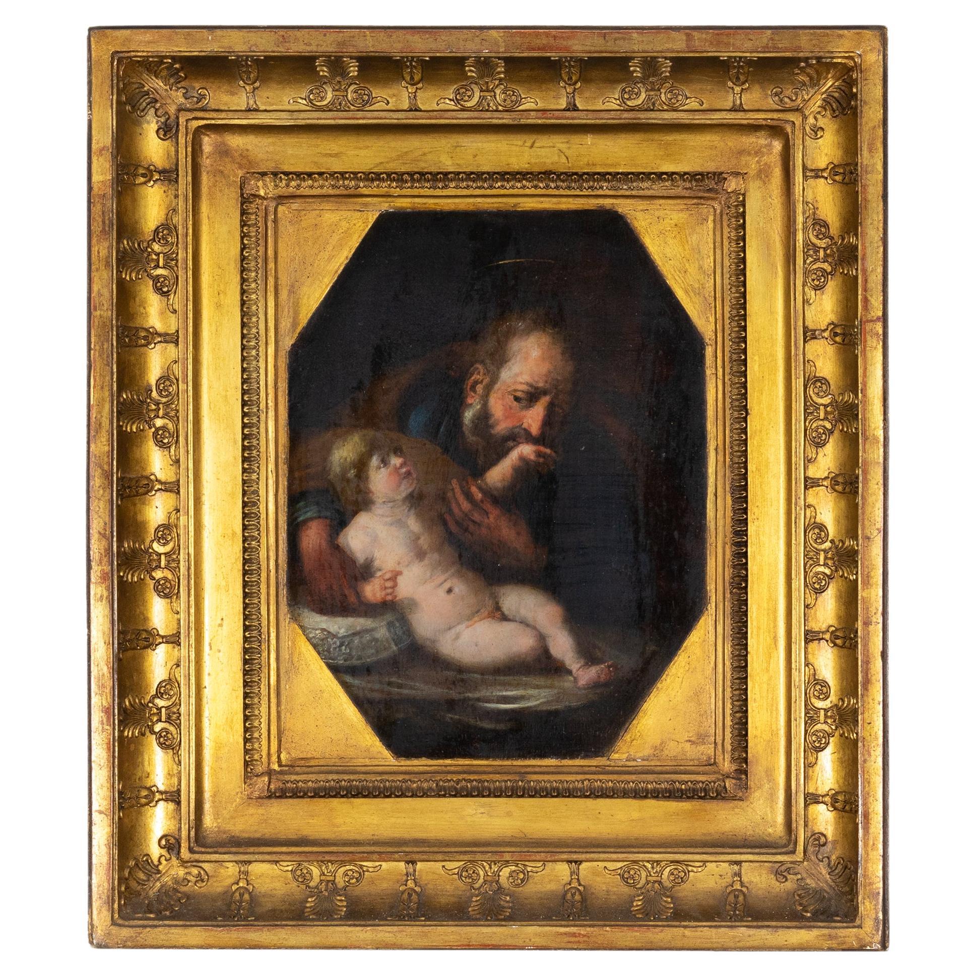 Saint Joseph Jesus Baroque Painting, 18th Century For Sale