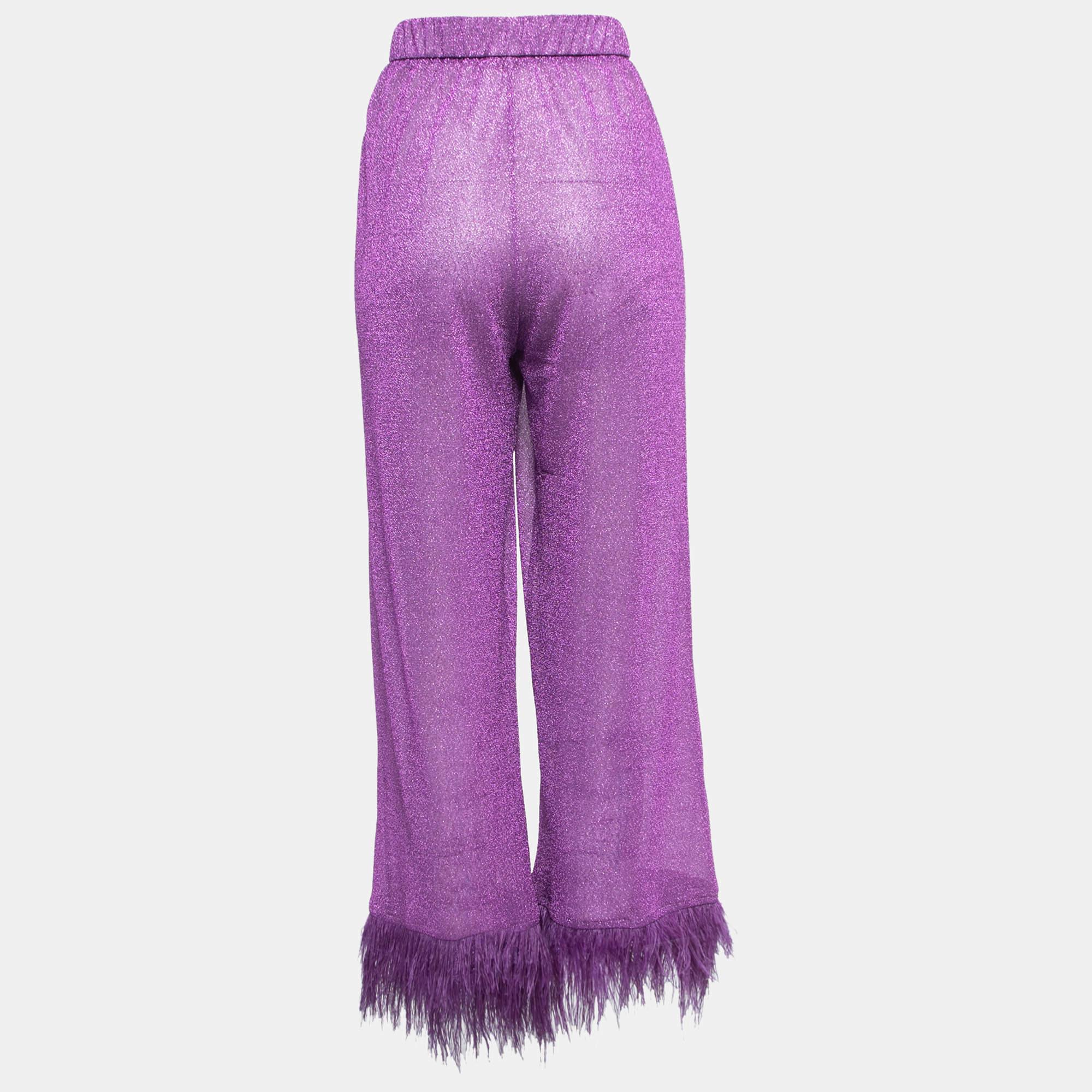 Oseree Purple Lurex Knit Feather Trim Sheer Trousers S In Good Condition For Sale In Dubai, Al Qouz 2