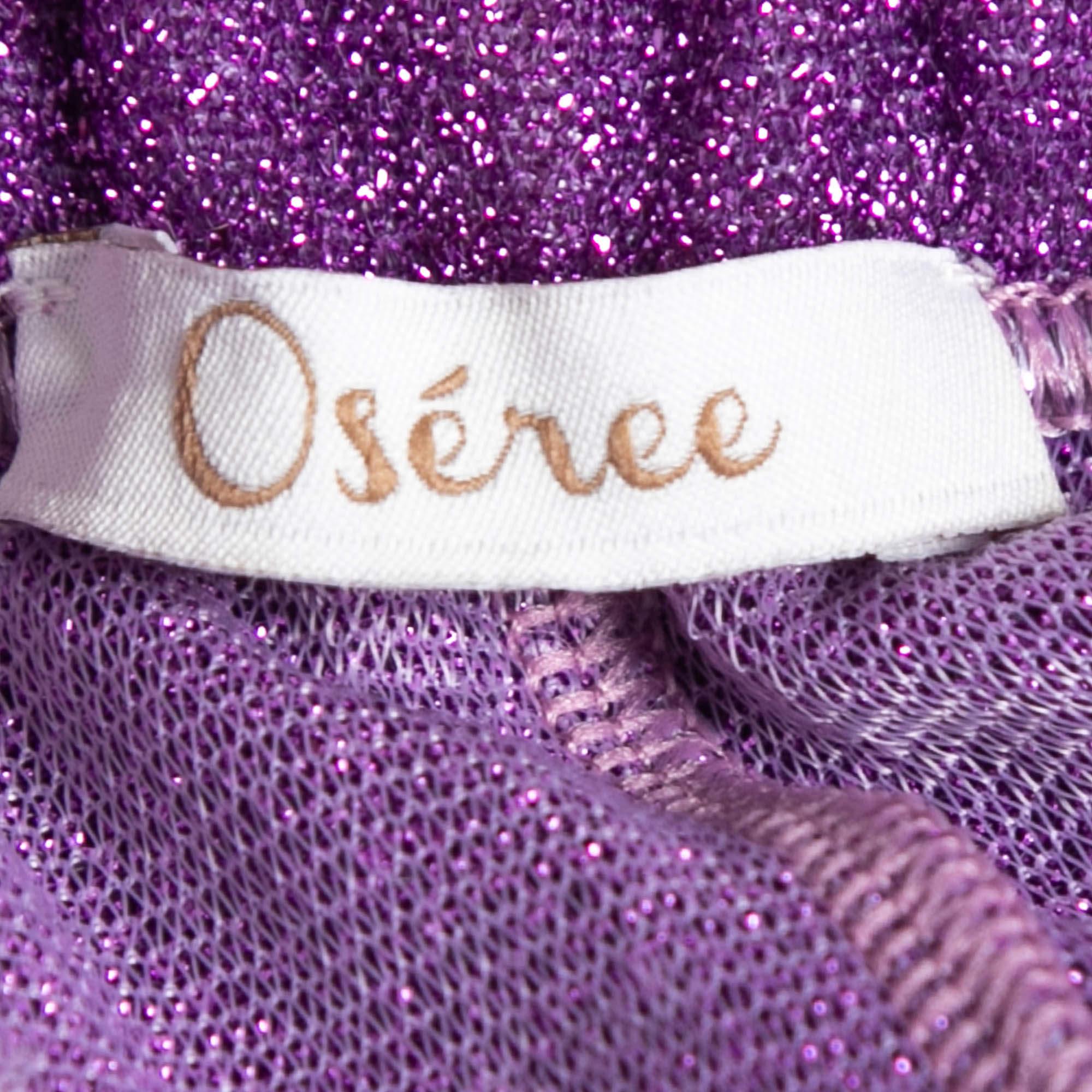 Pantalon transparent Oseree violet en lurex bordé de plumes S Bon état - En vente à Dubai, Al Qouz 2