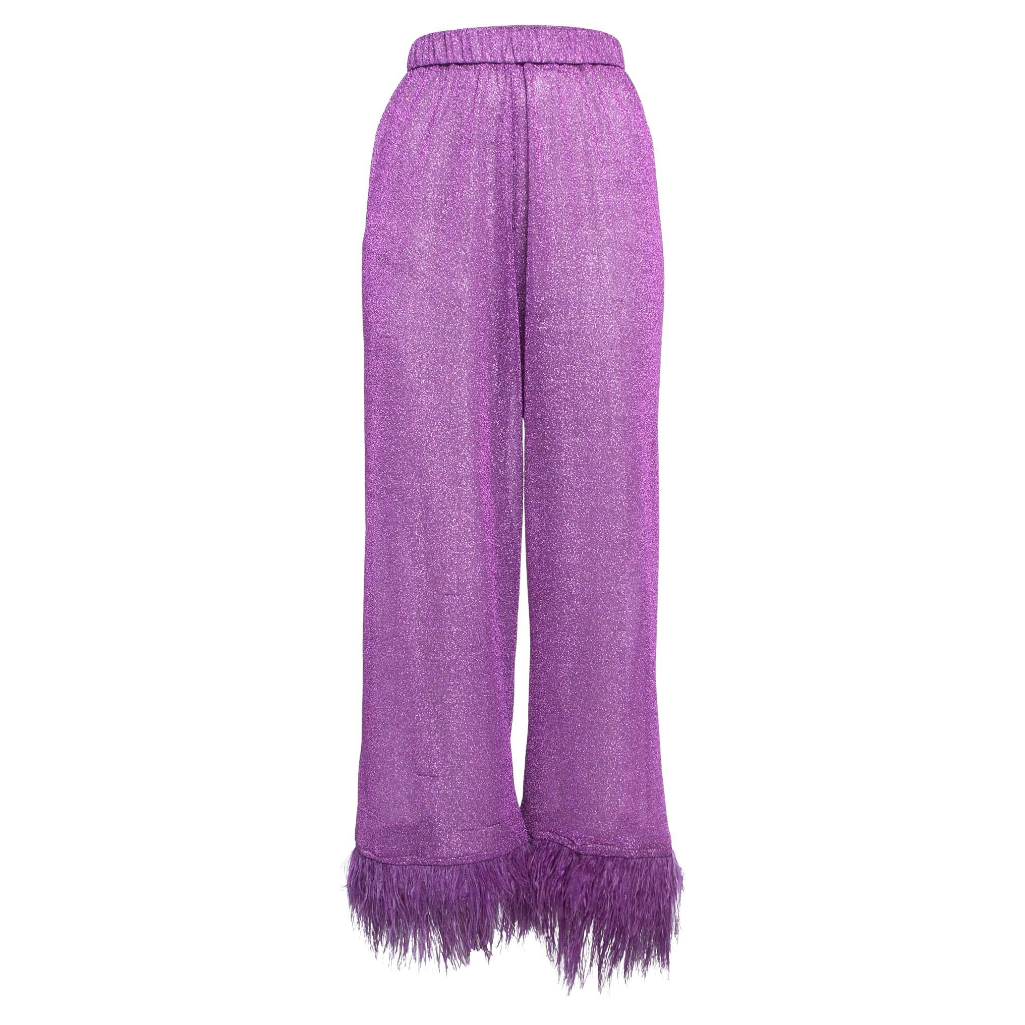 Oseree Purple Lurex Knit Feather Trim Sheer Trousers S For Sale