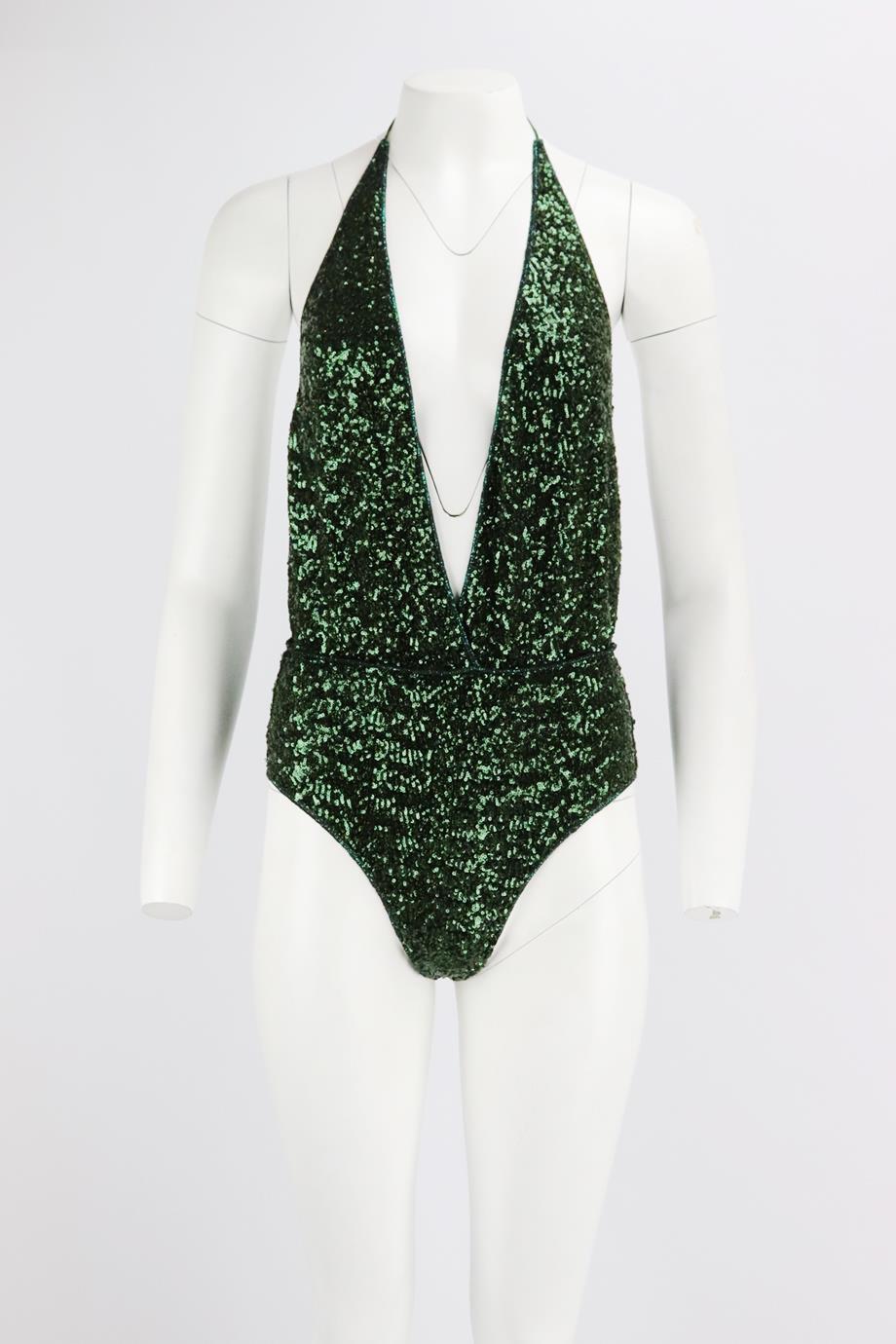 Oséree sequined halterneck swimsuit. Green. Sleeveless, v-neck. Tie fastening at back. 100% Polyester; lining: 85% polyamide, 15% elastane. Size: Large (UK 12, US 8, FR 40, IT 44) Very good condition - Light signs of wear; see pictures.
