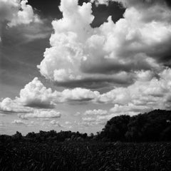 Clouds & Field, Contemporary black and white landscape photo, silver gelatin 