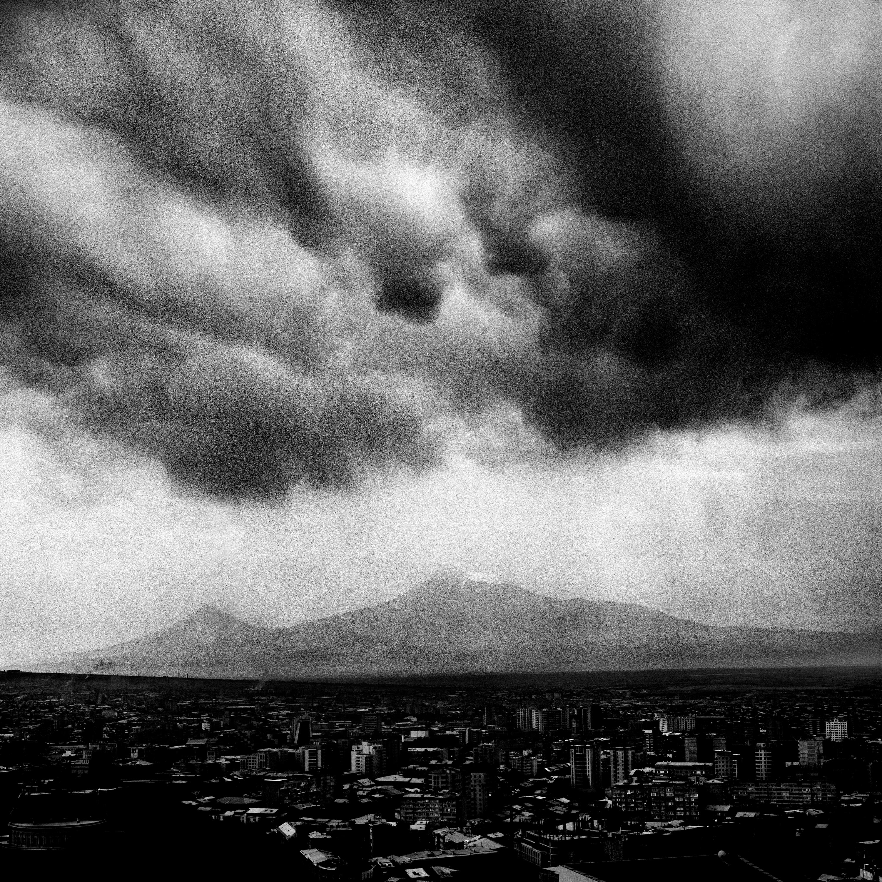 Storm Over Yerevan-Black and white photo of Ararat Mountain and cityscape