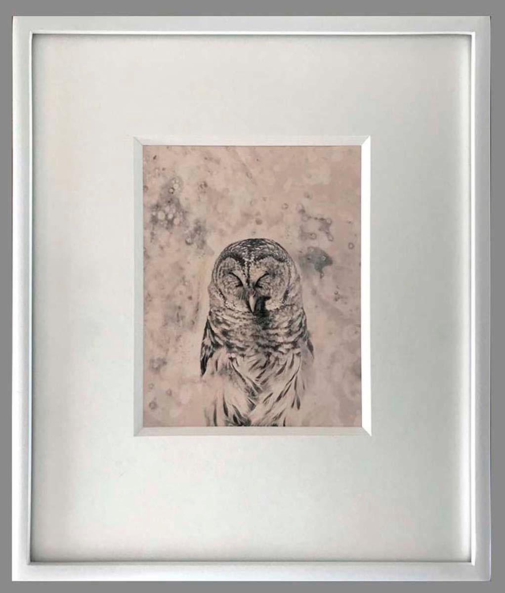 Osheen Harruthoonyan Black and White Photograph - White Lodge-Contemporary black and white still life photo, owl, bird, gold tone