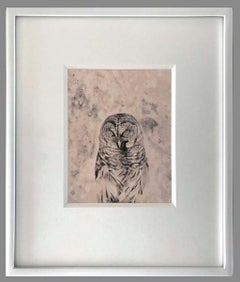 White Lodge-Contemporary black and white still life photo, owl, bird, gold tone