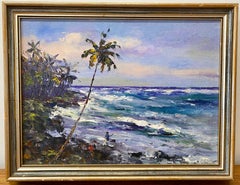 Oshino Okuda "Kalapana Coast, Black Sand Beach" Hawaiian Oil Painting c.1960
