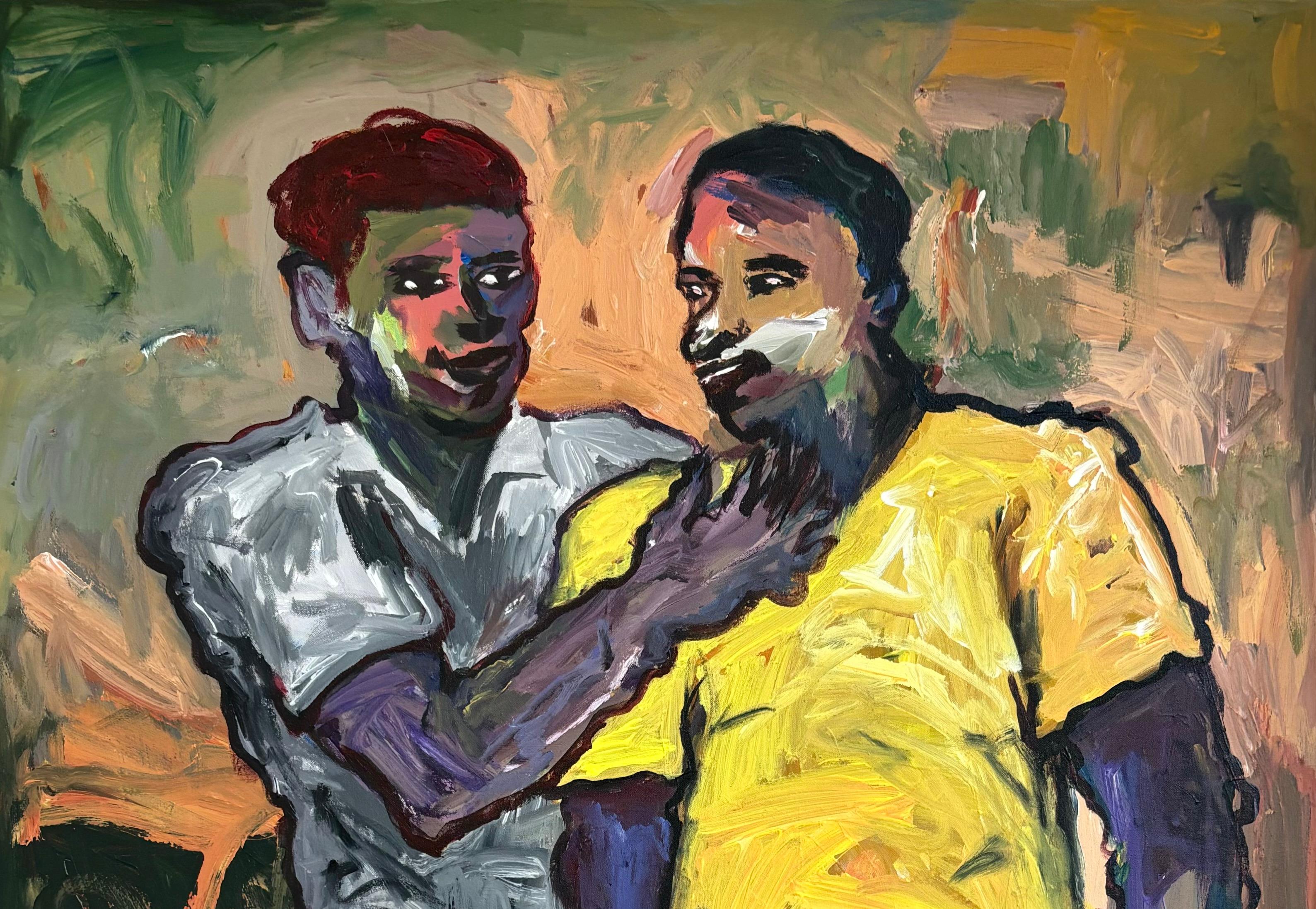 Guy's Talk - 21. Jahrhundert, Contemporary, Impasto, Modern, Expressionist, Männer – Painting von Oshorenoya David Francis