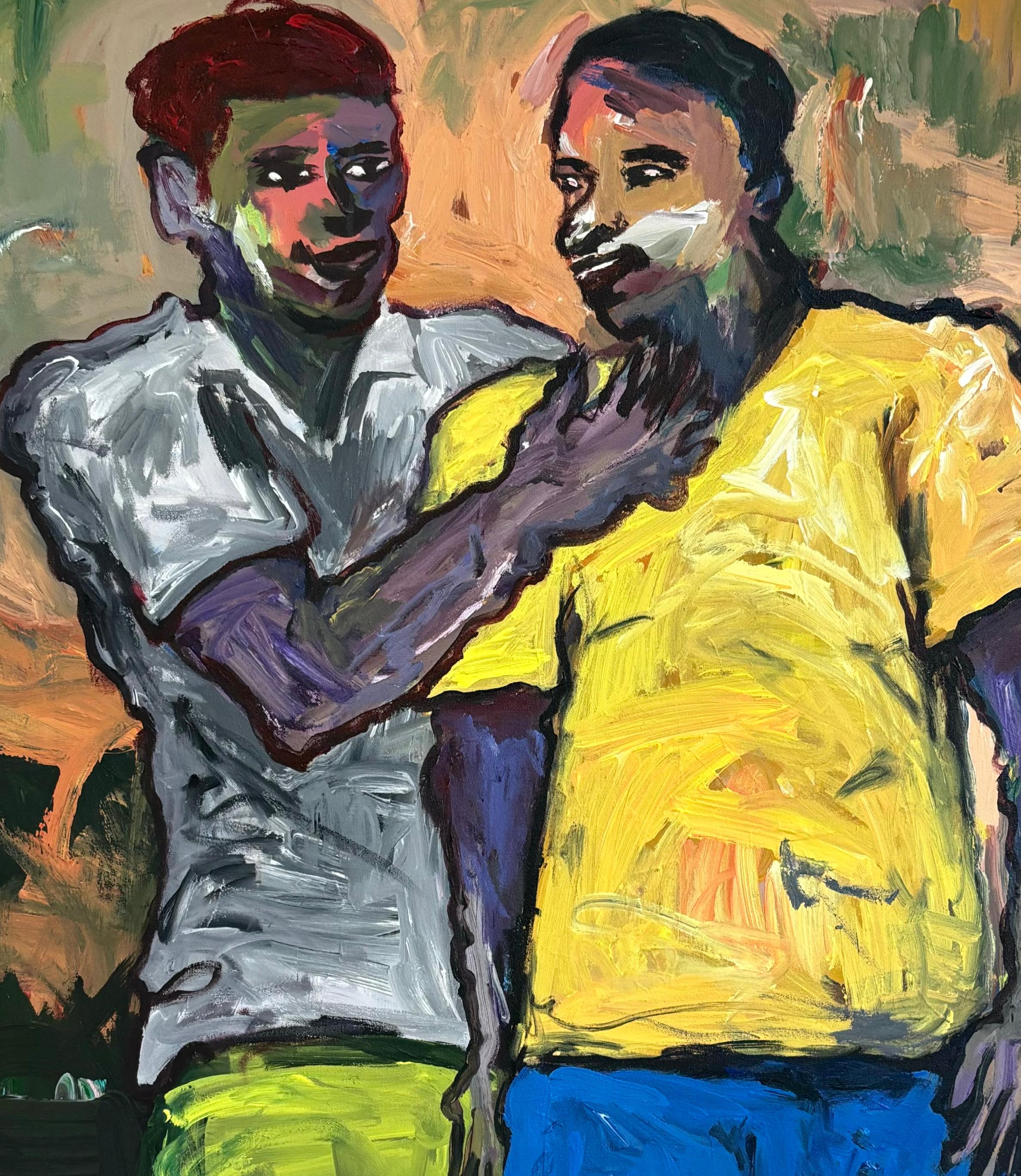 Guy's Talk - 21. Jahrhundert, Contemporary, Impasto, Modern, Expressionist, Männer (Schwarz), Figurative Painting, von Oshorenoya David Francis