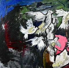 Her Quest - 21st Century, Contemporary, Figurative Impasto, Woman, Pink, Birds