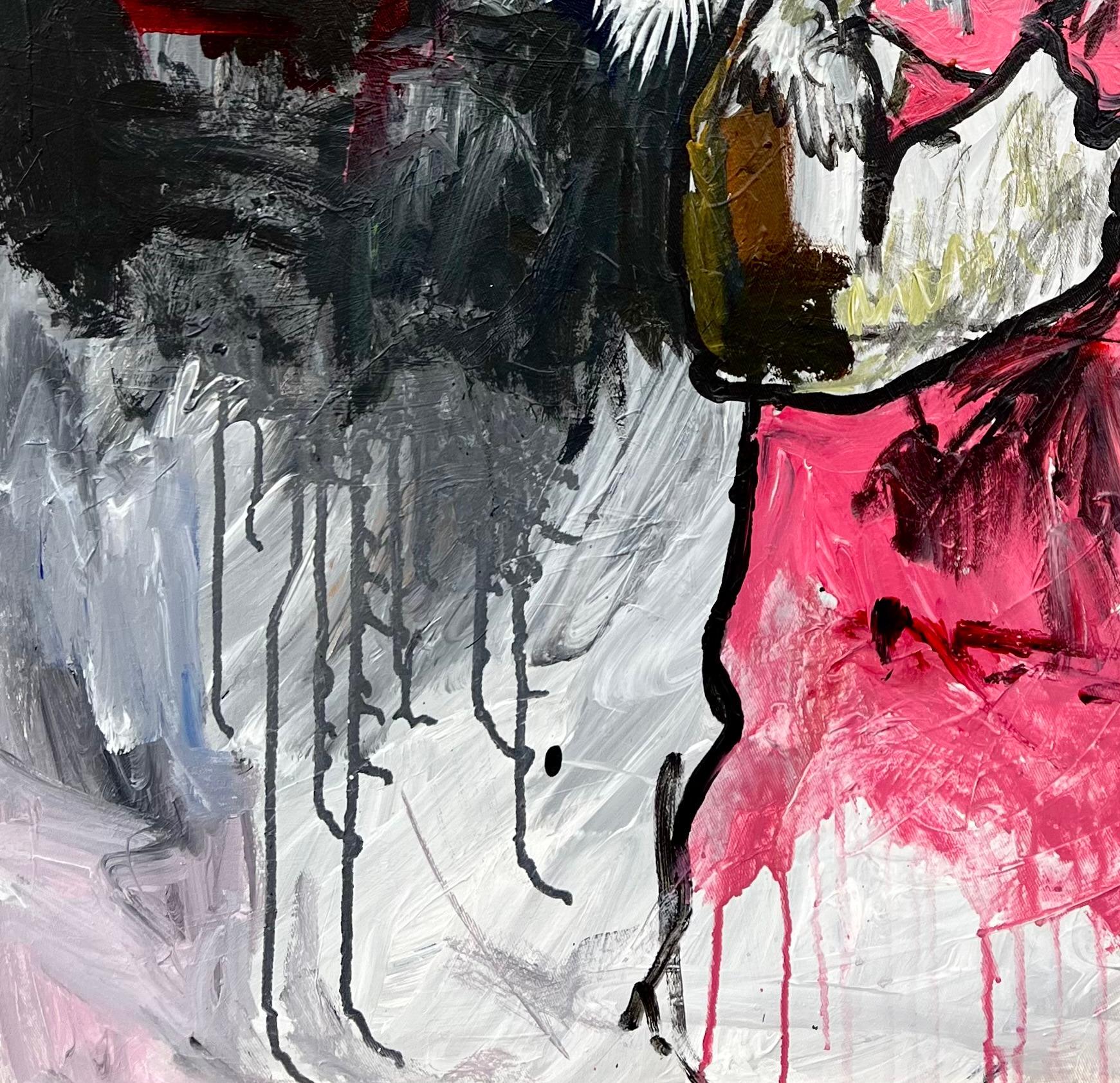 La sua ricerca - 21° Secolo, Contemporaneo, Impasto figurativo, Donna, Rosa, Uccelli - Figurative Painting Nero di Oshorenoya David Francis