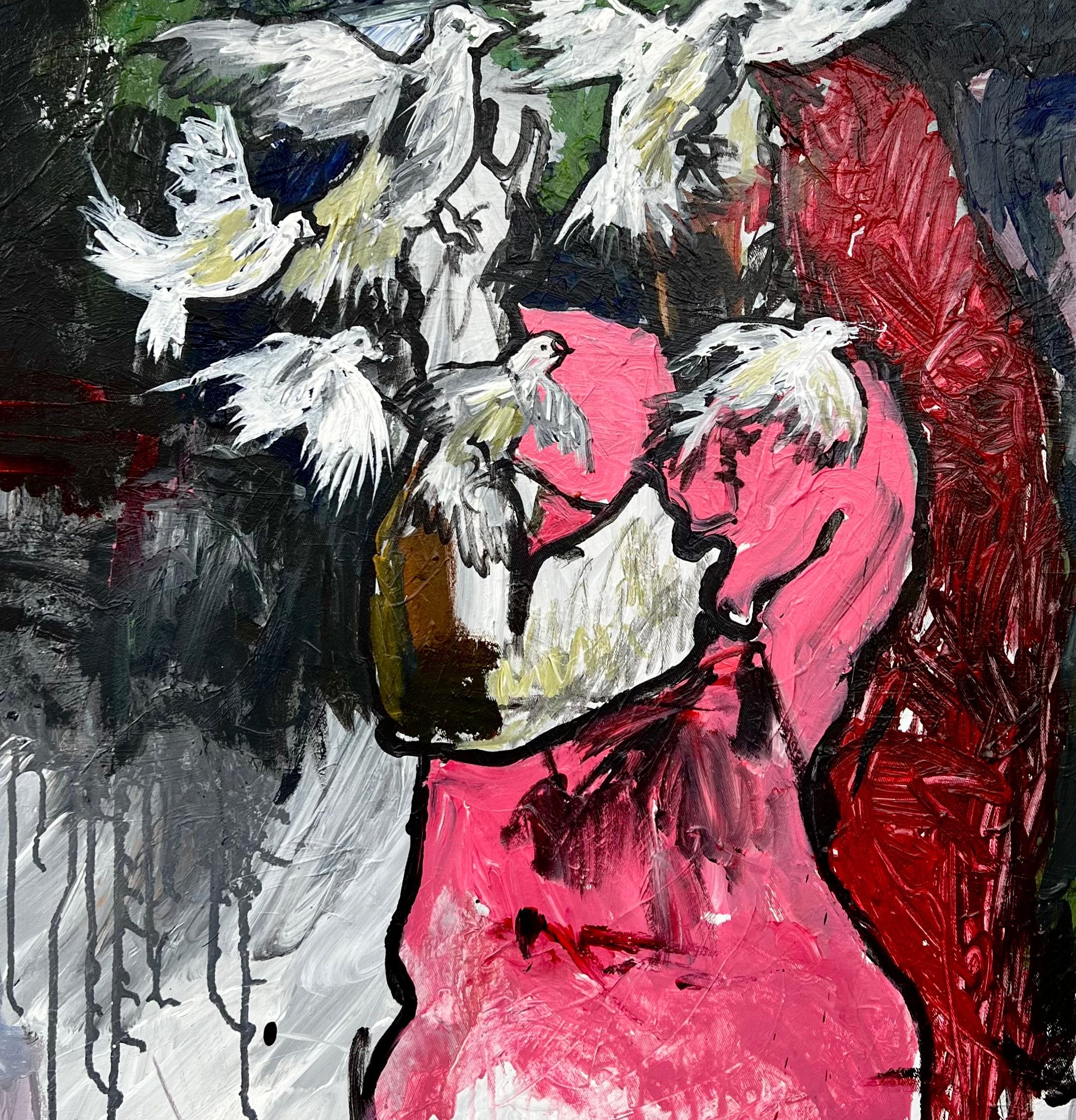 La sua ricerca - 21° Secolo, Contemporaneo, Impasto figurativo, Donna, Rosa, Uccelli in vendita 1